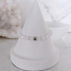 White jade faceted gemstone bracelet sample sale in steel