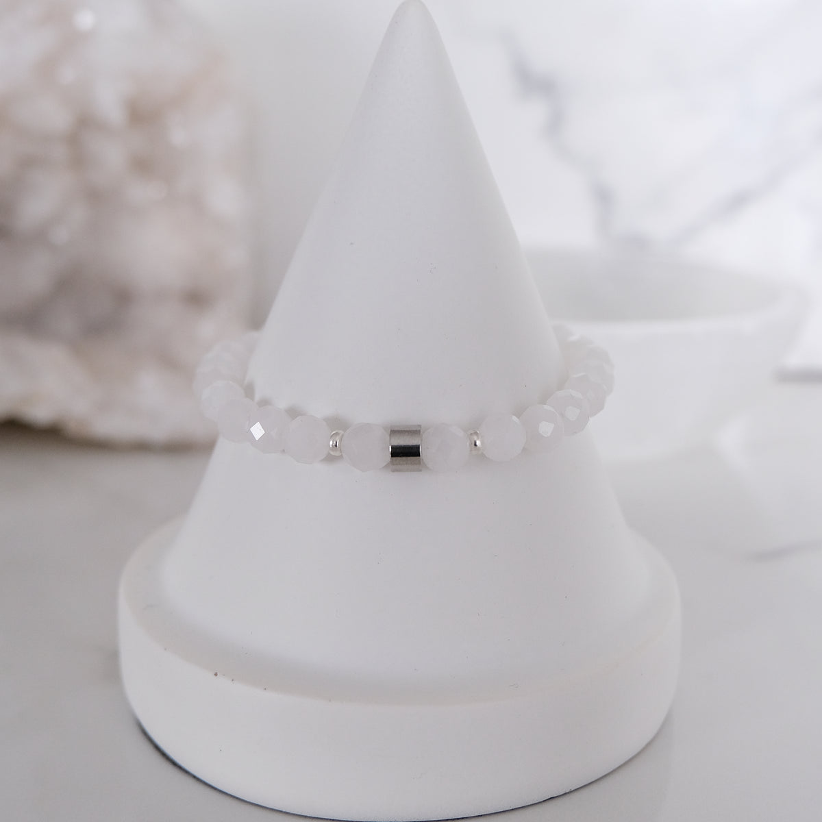 White jade faceted gemstone bracelet sample sale in steel
