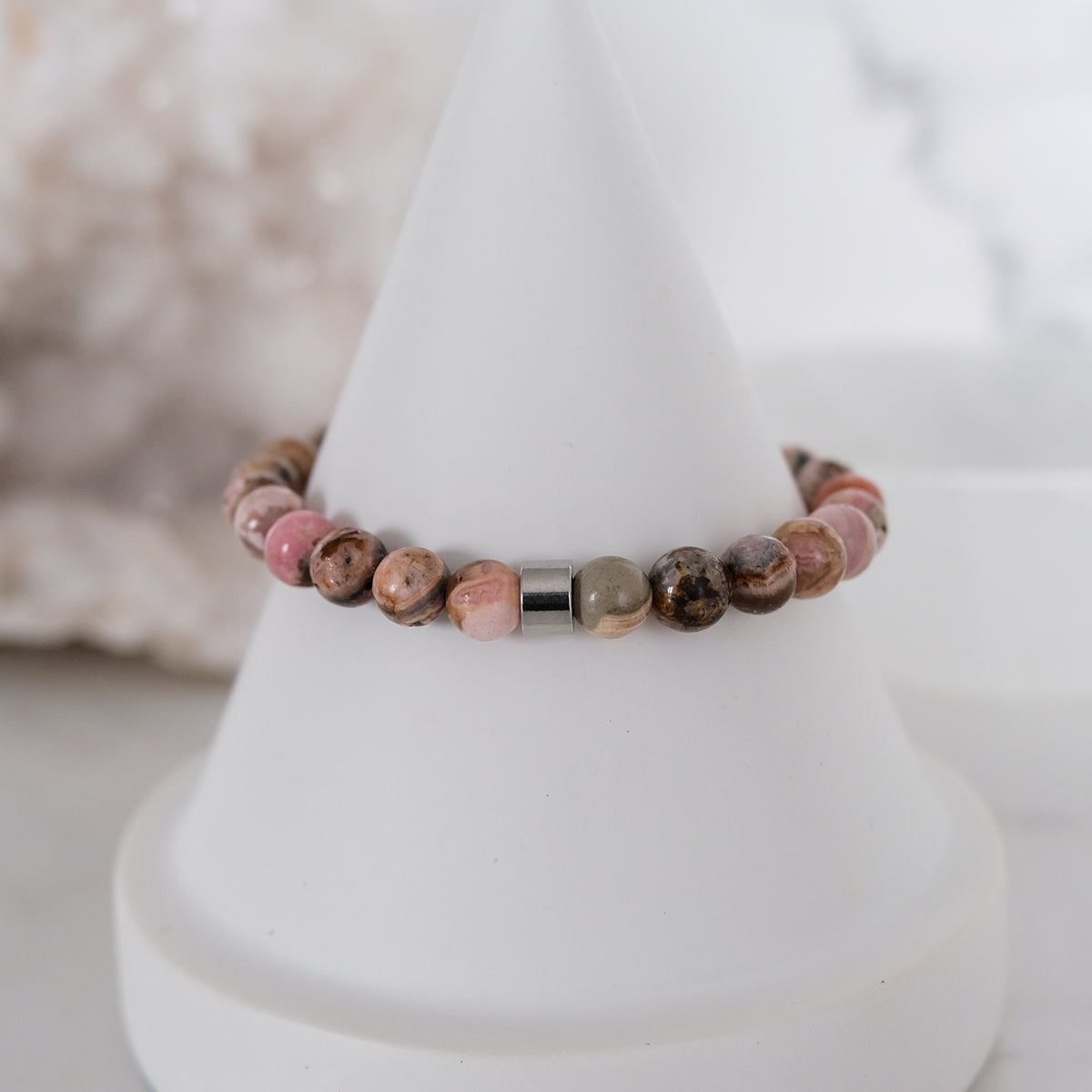 6mm rhodochrosite gemstone bracelet in steel