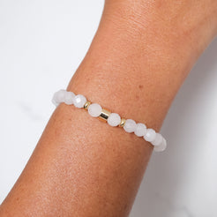 White jade faceted gemstone bracelet sample sale worn on a model's wrist