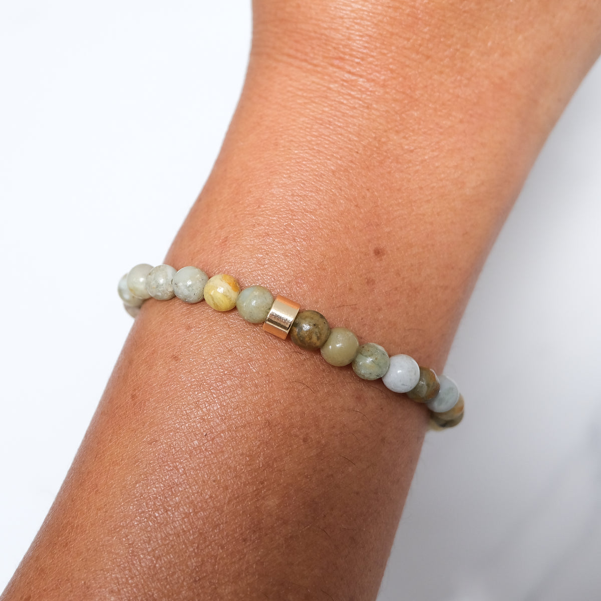 6mm green quartz gemstone bracelet sample sale worn on a model's wrist