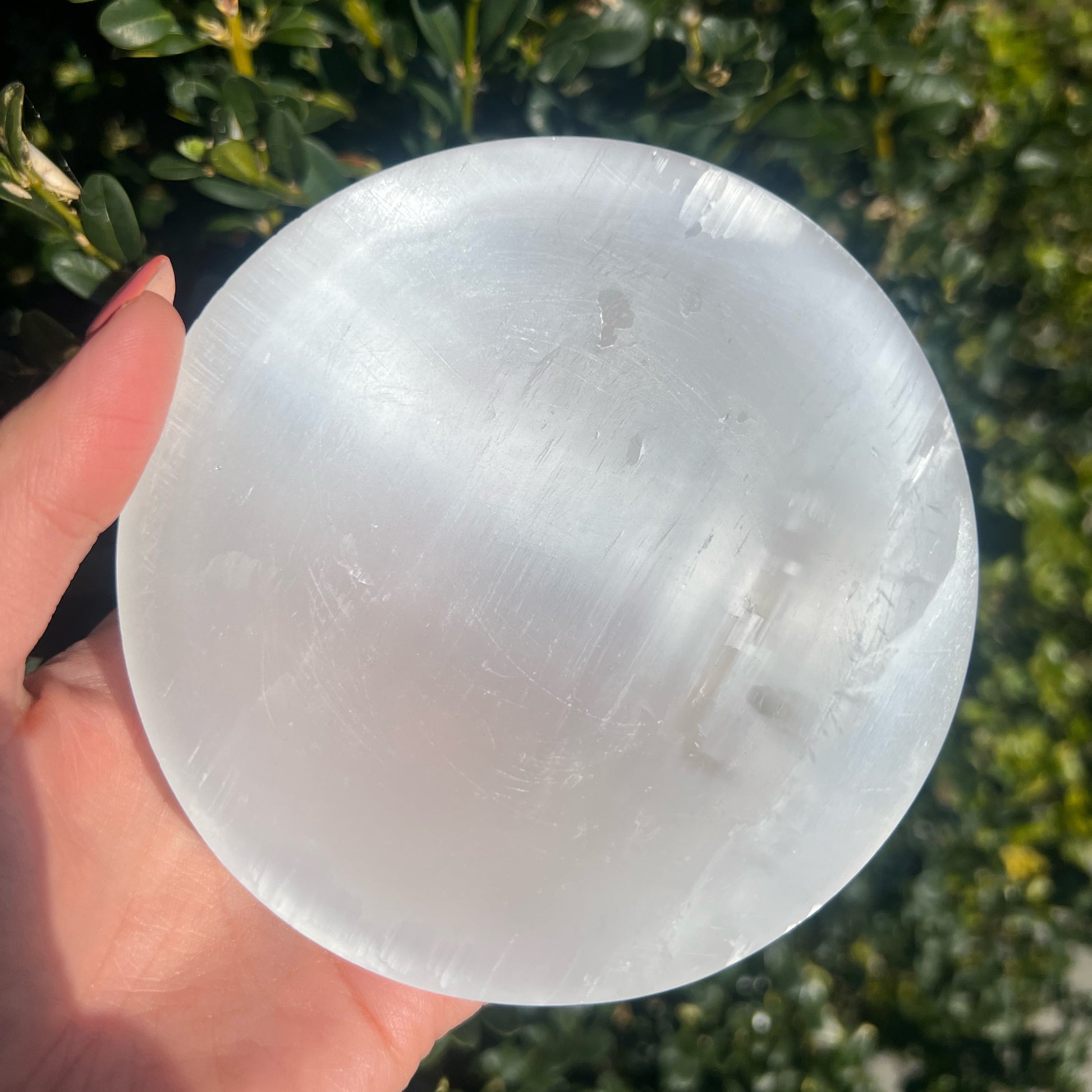 Sample selenite bowl with light scratch marks