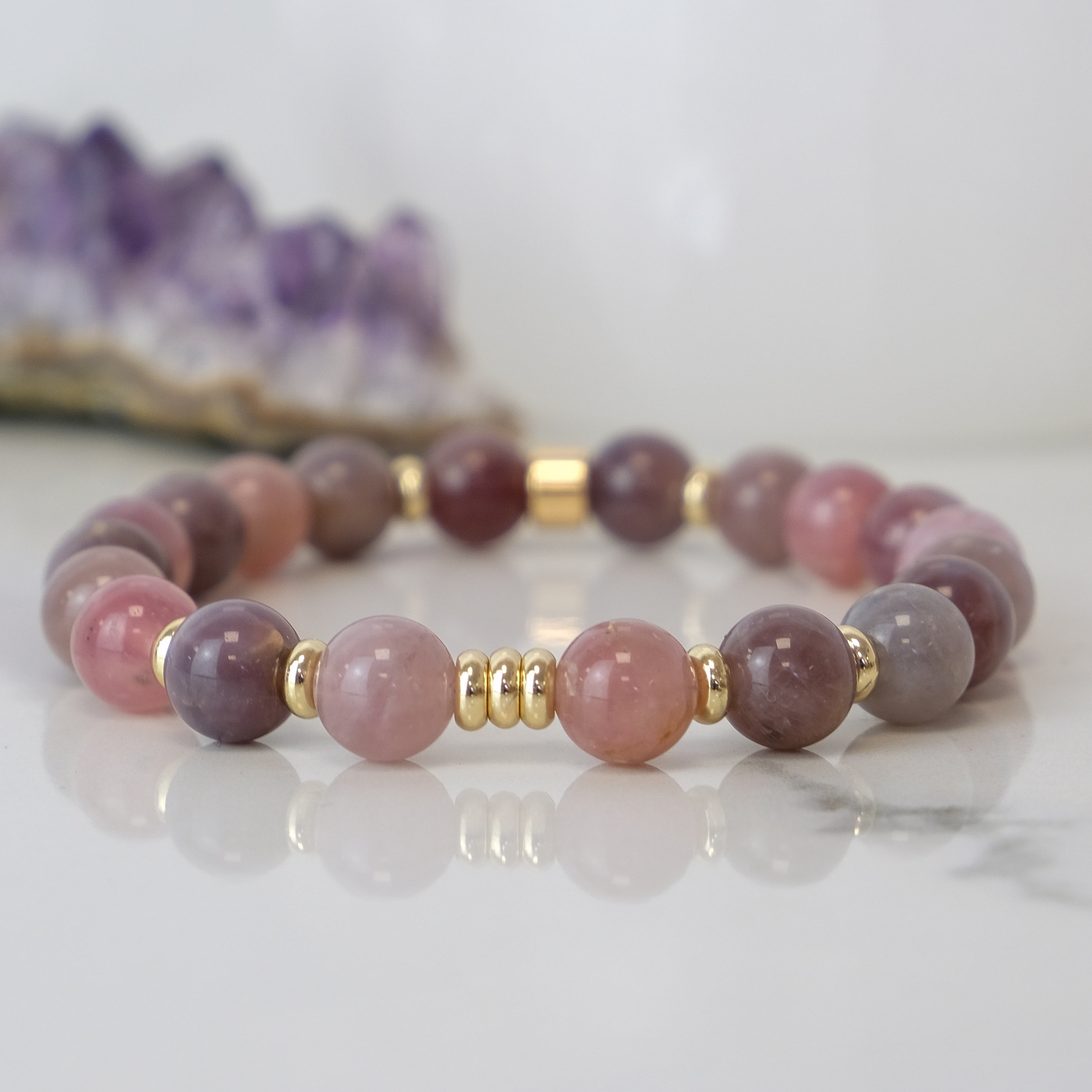 Lavender Rose Quartz gemstone bracelet with Gold accessories 