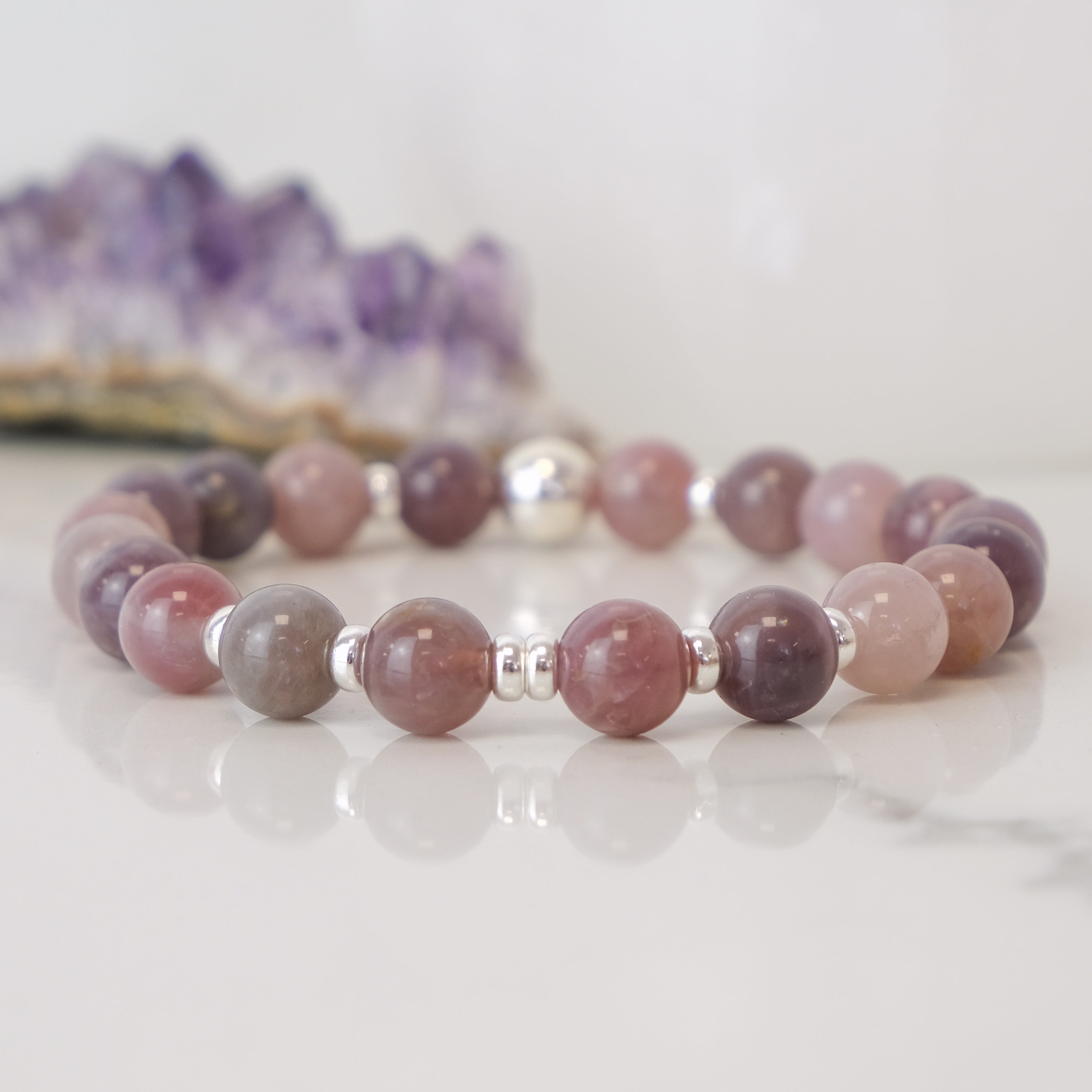 Lavender Rose Quartz gemstone bracelet with Silver accessories 