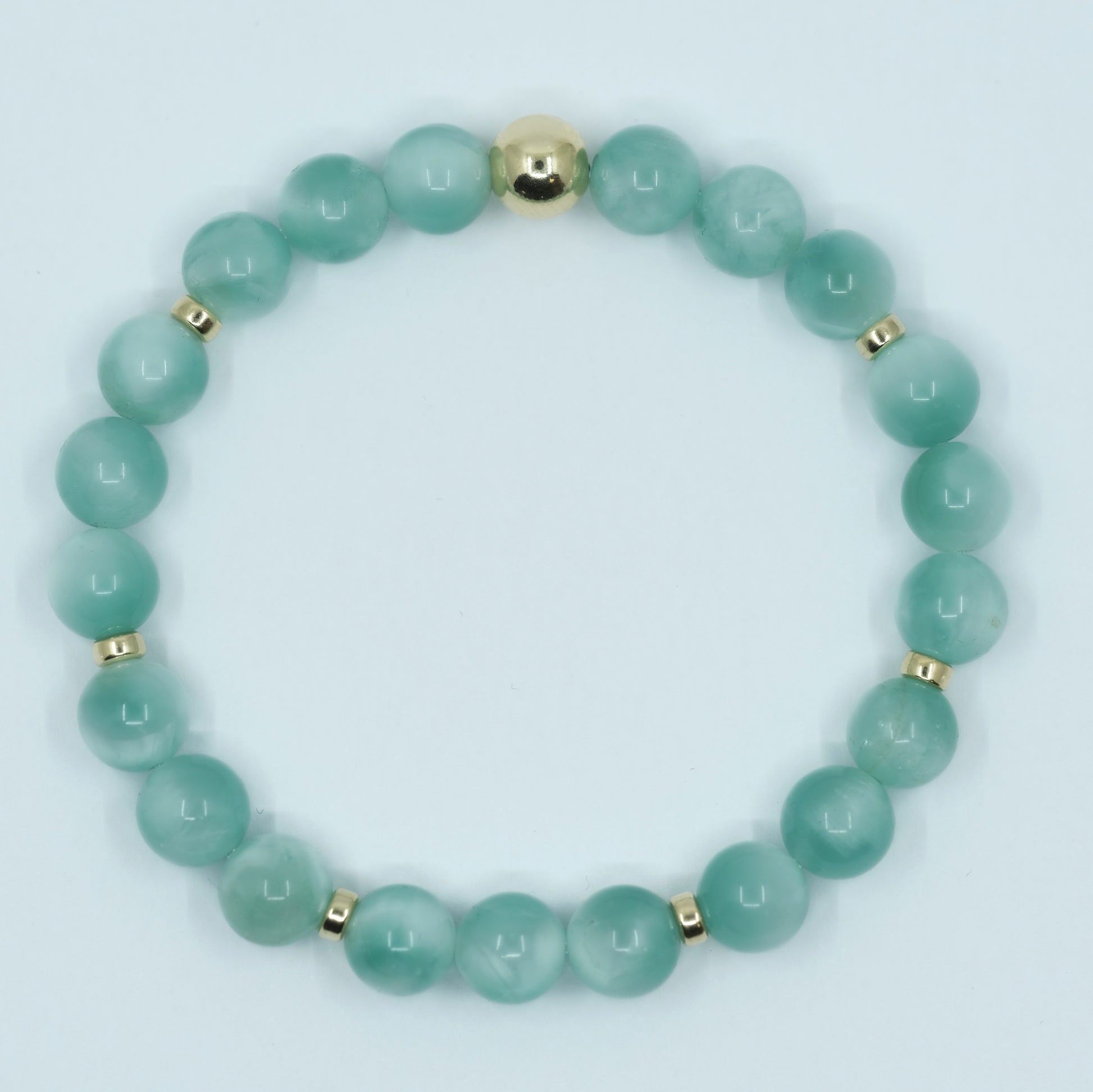 Green Moonstone gemstone bracelet with gold accents from above