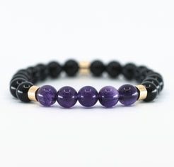 purple amethyst and black onyx beaded gemstone bracelet