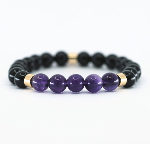 purple amethyst and black onyx beaded gemstone bracelet