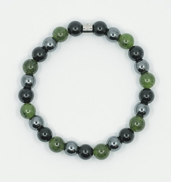 JADE HEMATITE AND ONYX ENERGY GEMSTONE BRACELET