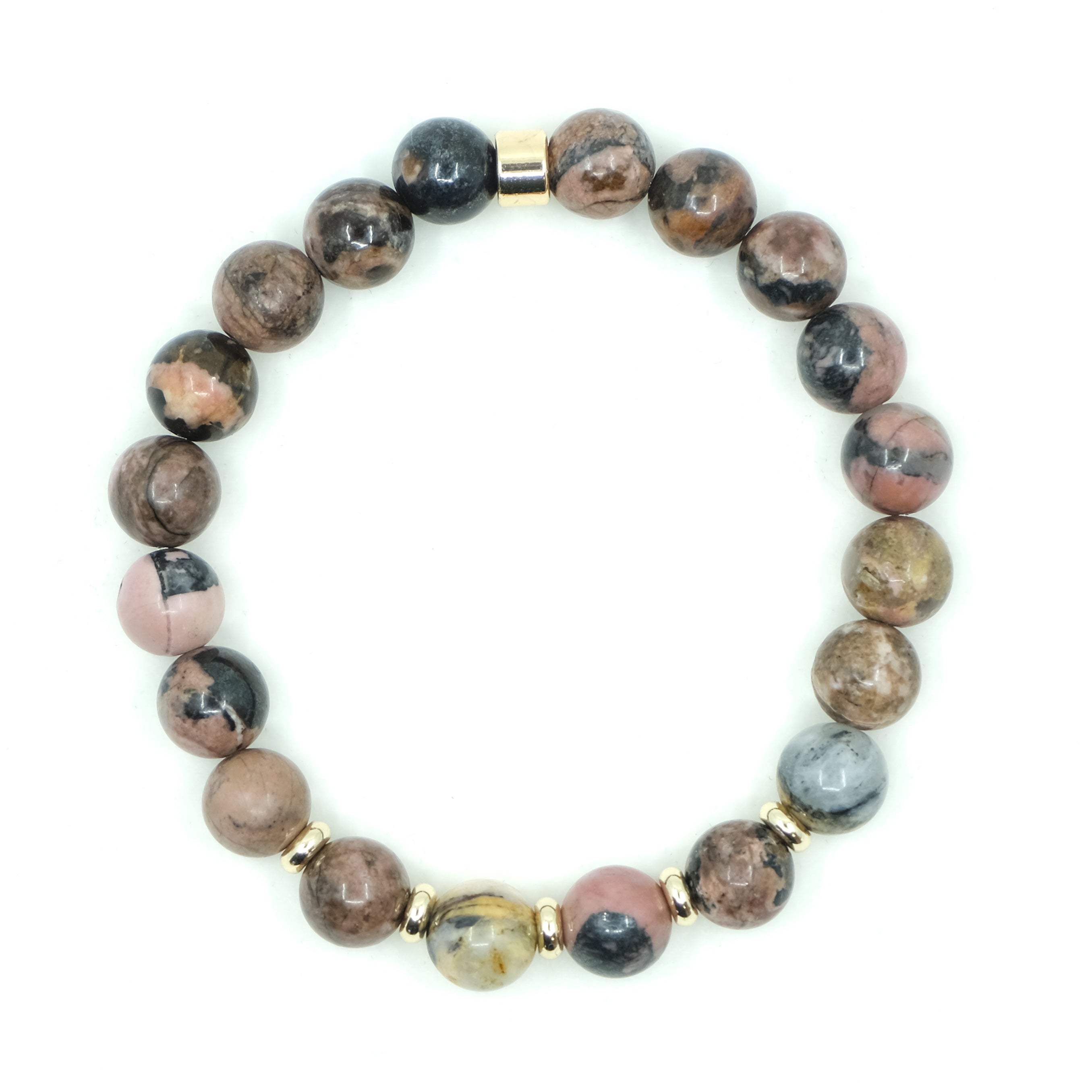 8mm Rhodonite bracelet with 18ct gold accessories from above