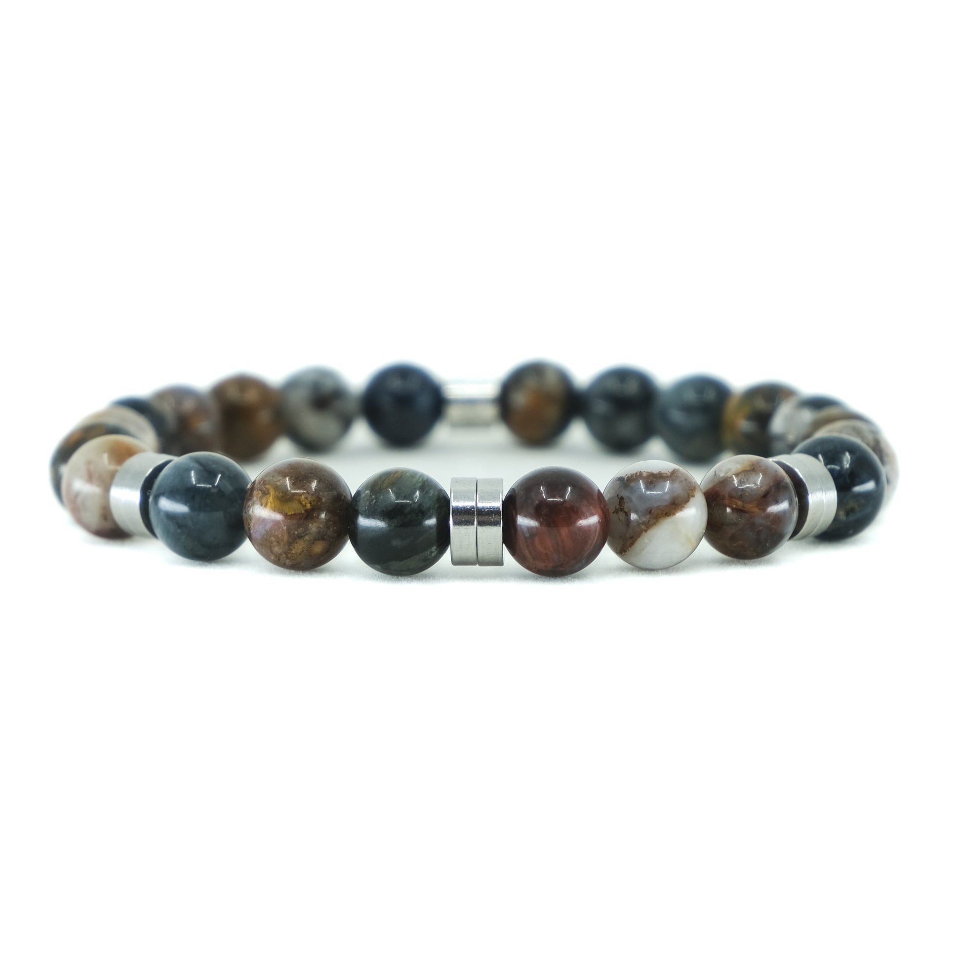A Pietersite gemstone bracelet with stainless steel accessories