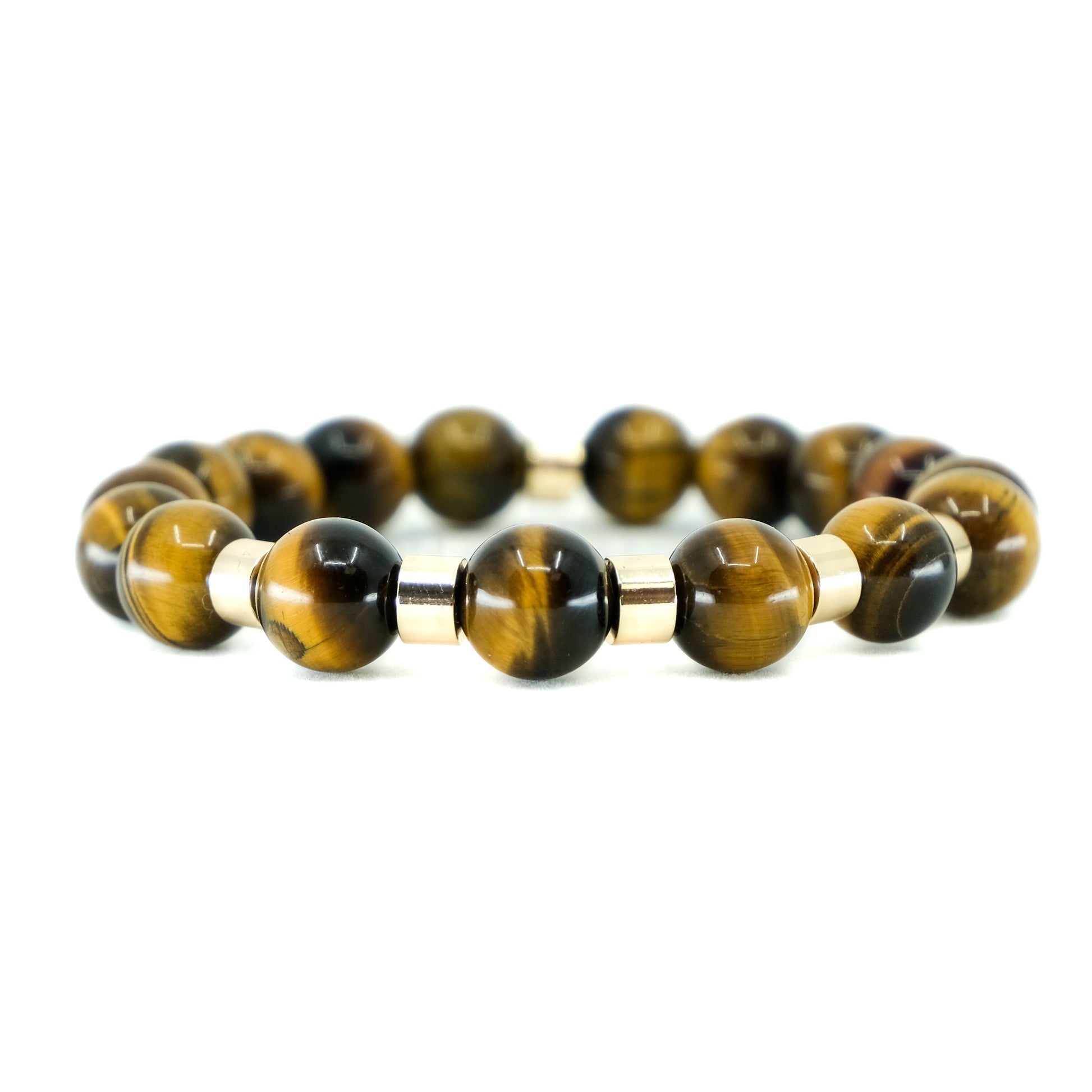 A Tiger Eye gemstone bracelet in 10mm beads with gold accessories