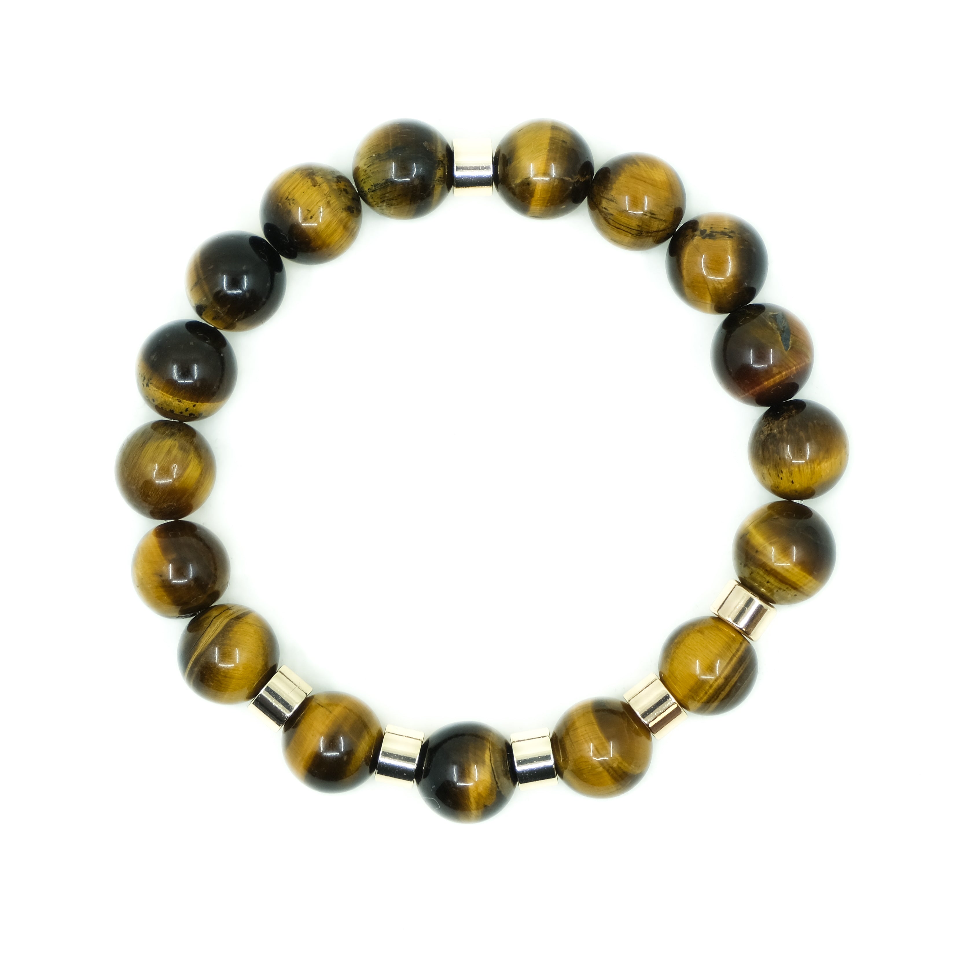 A Tiger Eye gemstone bracelet in 10mm beads with gold accessories from above