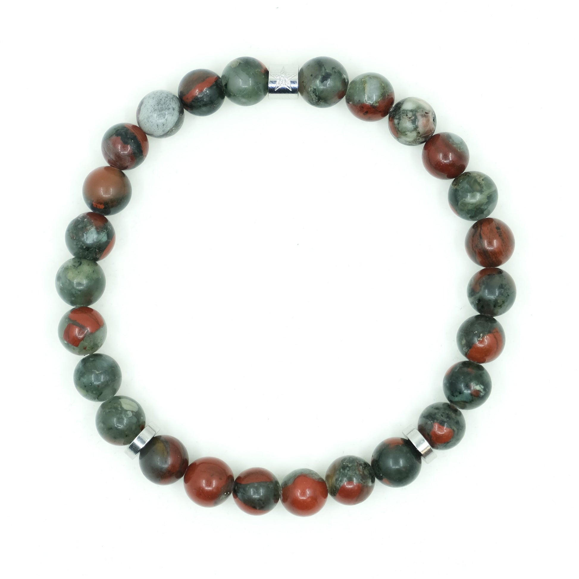 Bloodstone bracelet with stainless steel accessories from above