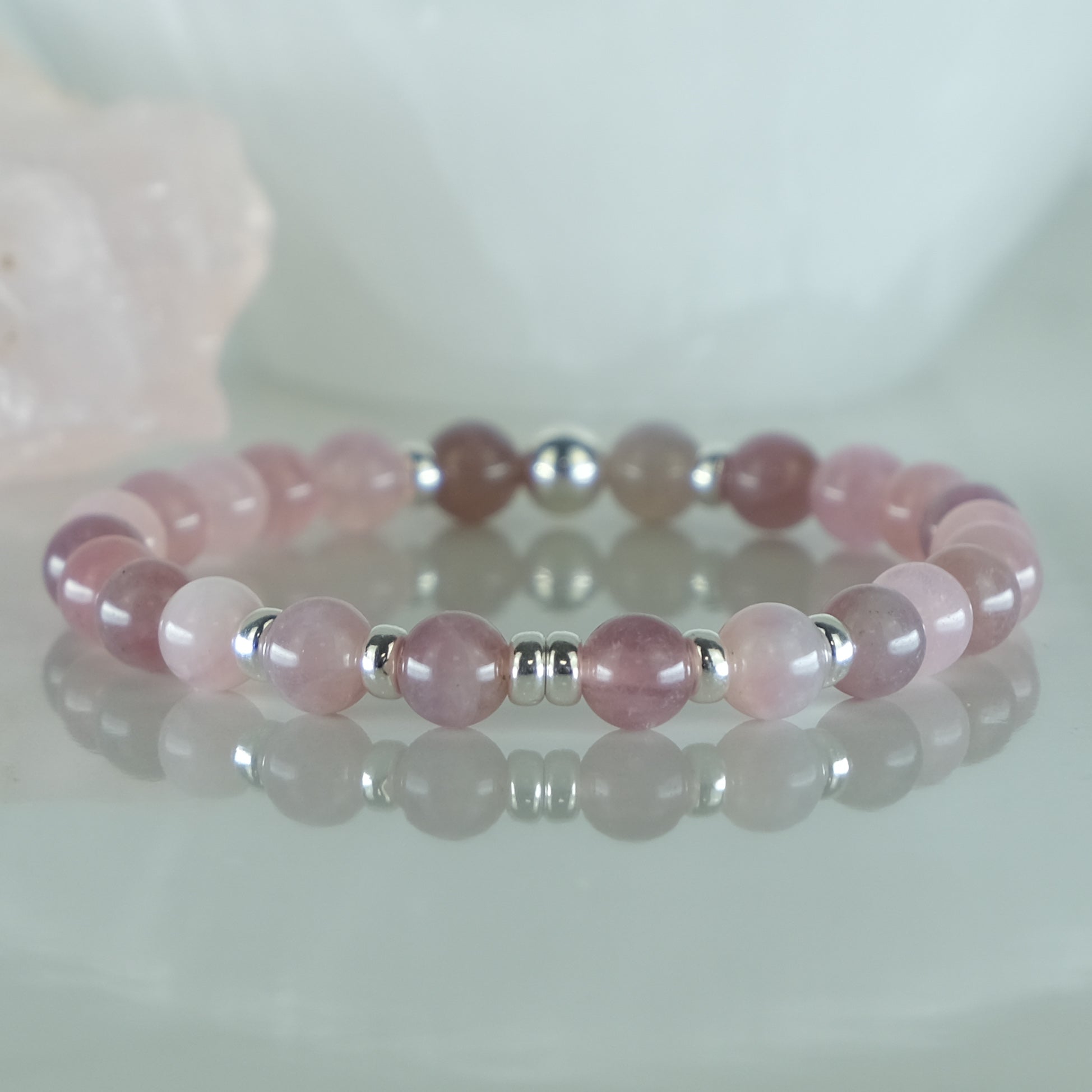 6mm lavender rose quartz gemstone bracelet with silver accents