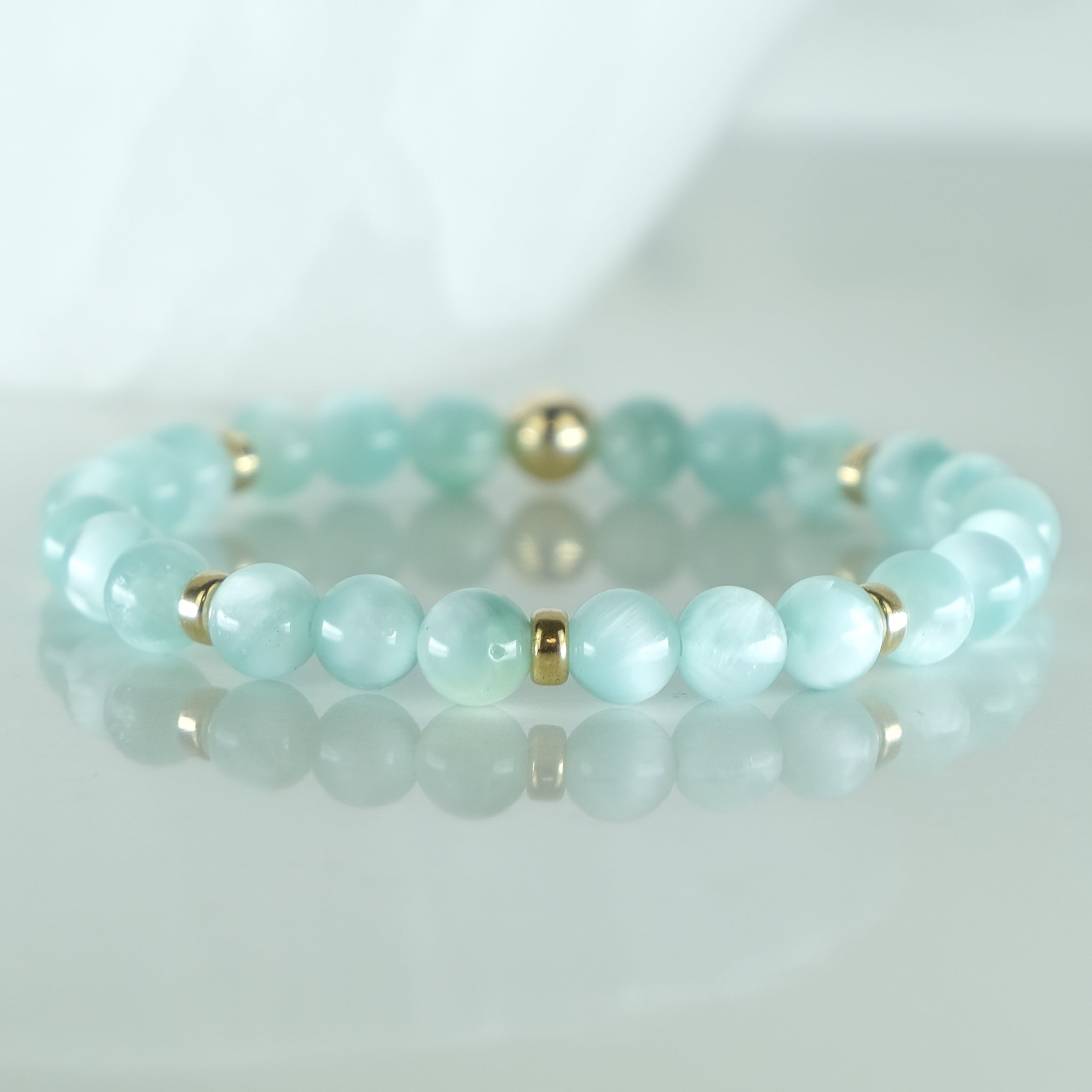 6mm green moonstone gemstone beaded bracelet with gold filled accents