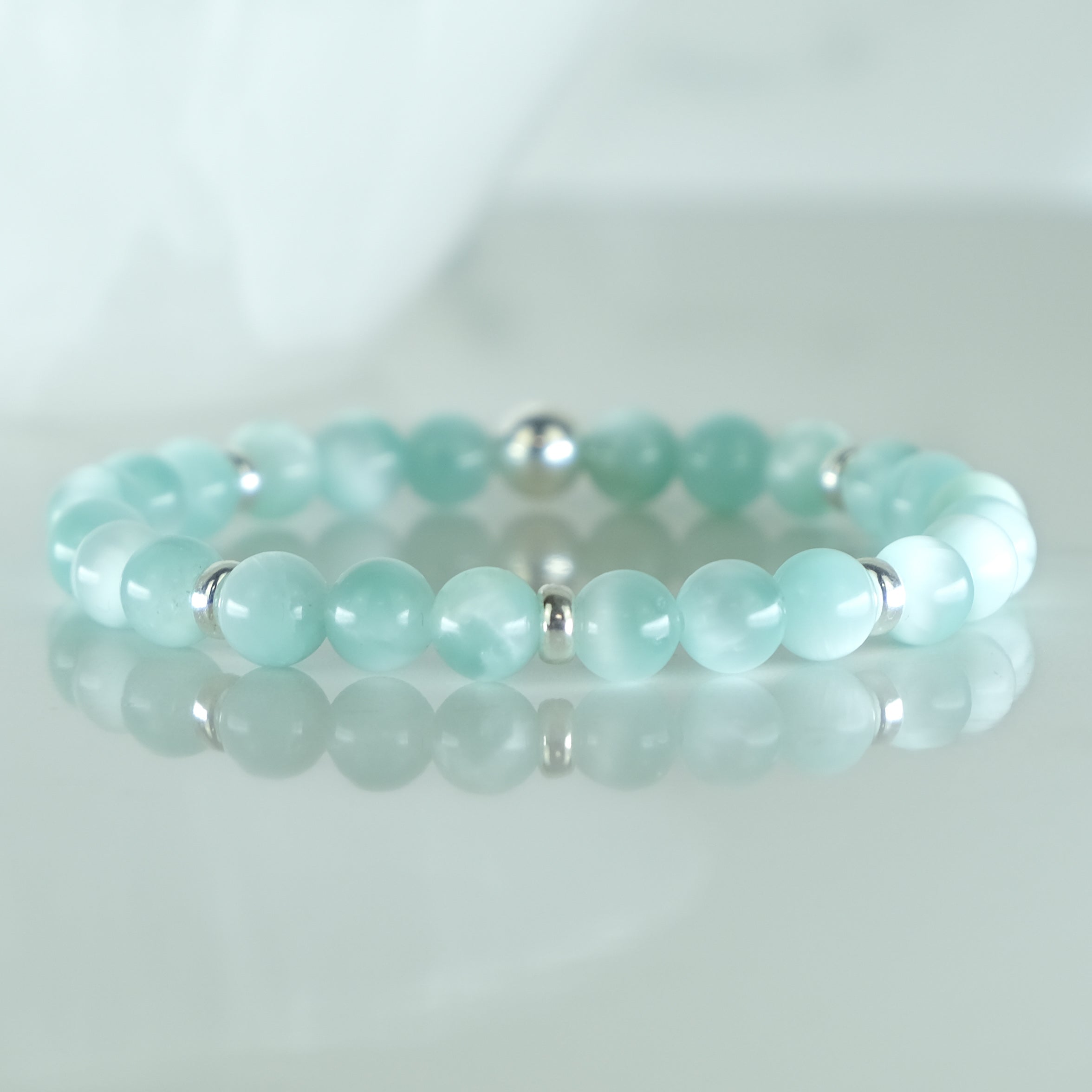 6mm green moonstone gemstone bracelet with 925 silver accents