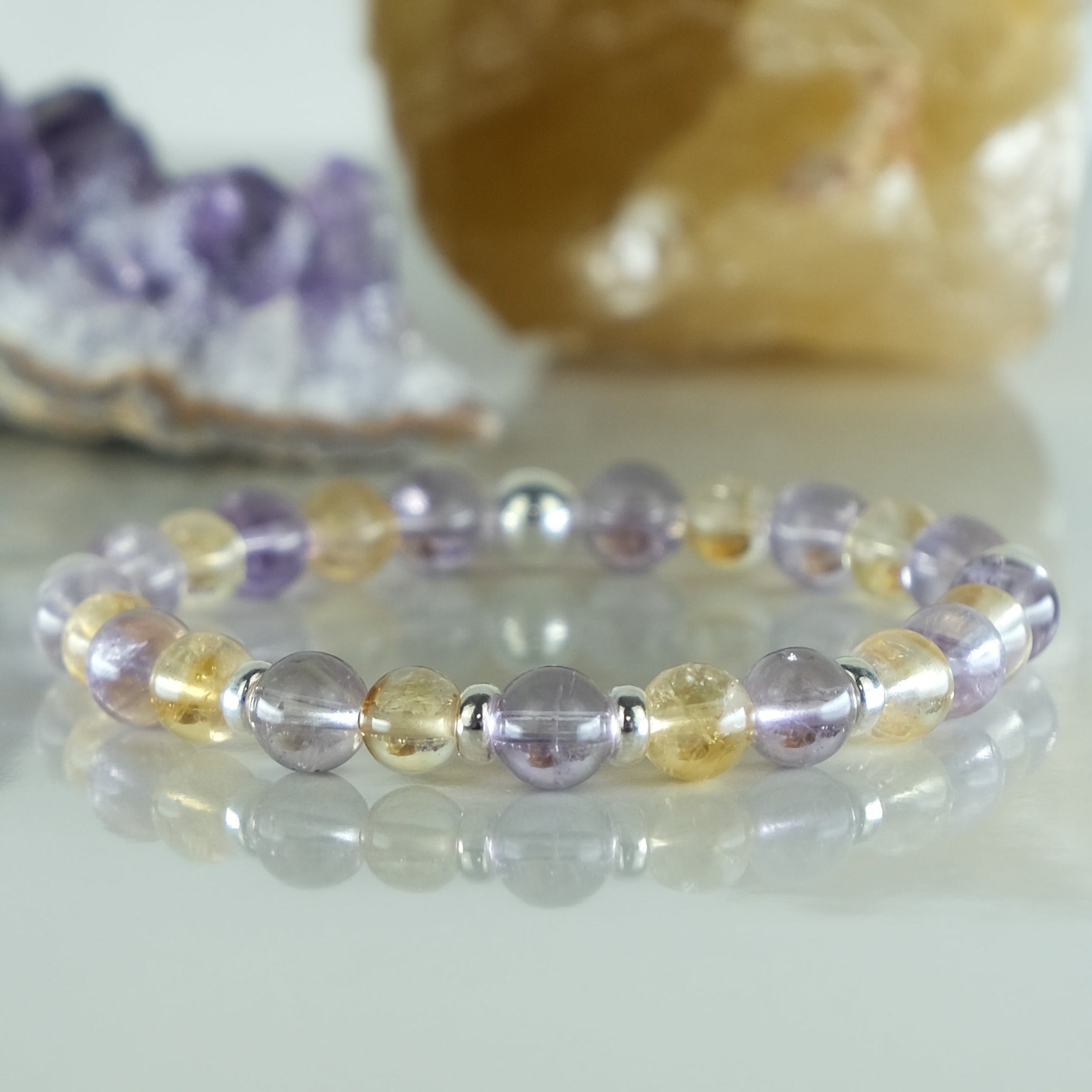 6mm amethyst and citrine gemstone bracelet with 925 silver accents
