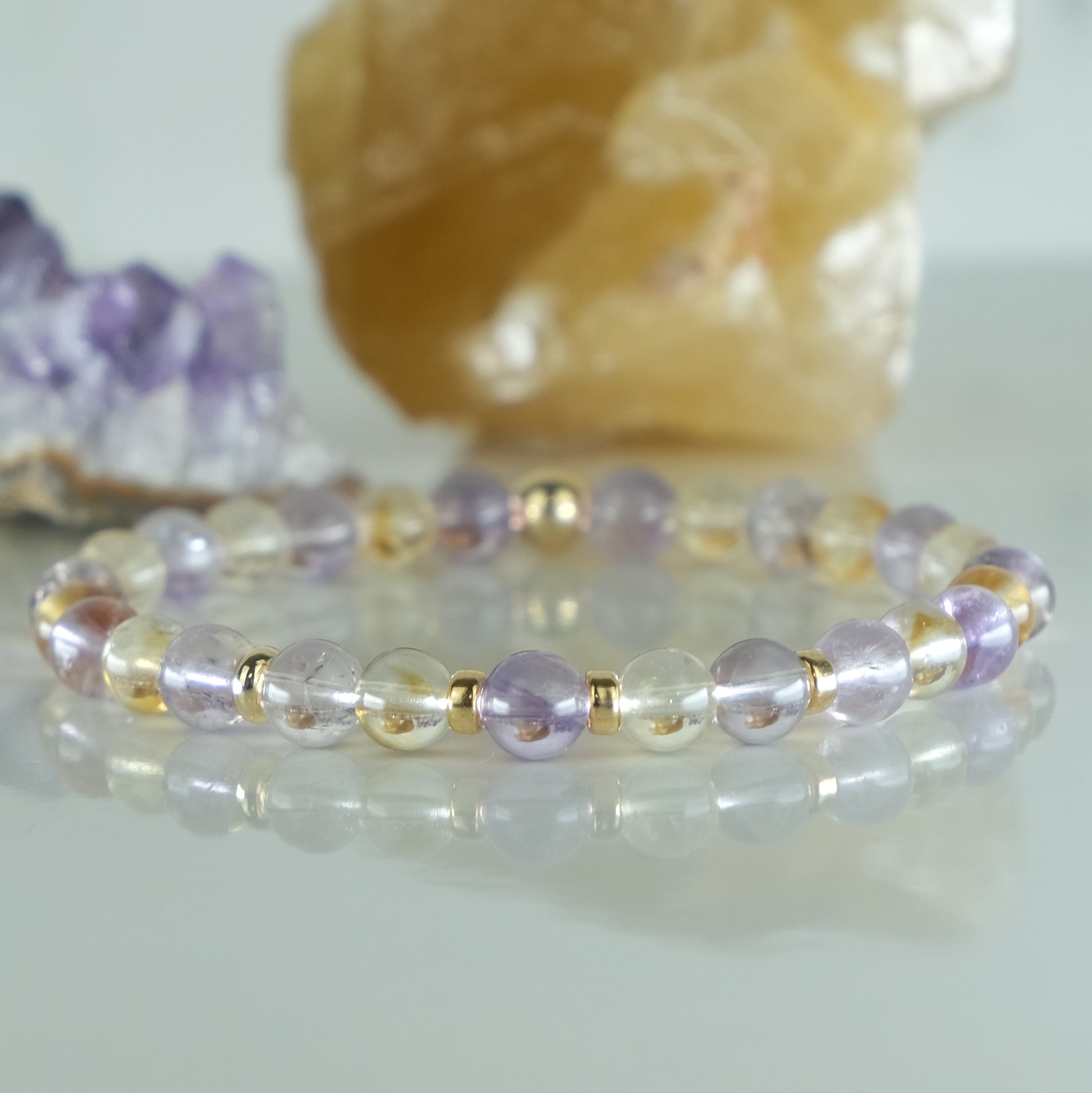 6mm amethyst and citrine gemstone bracelet with gold filled accents