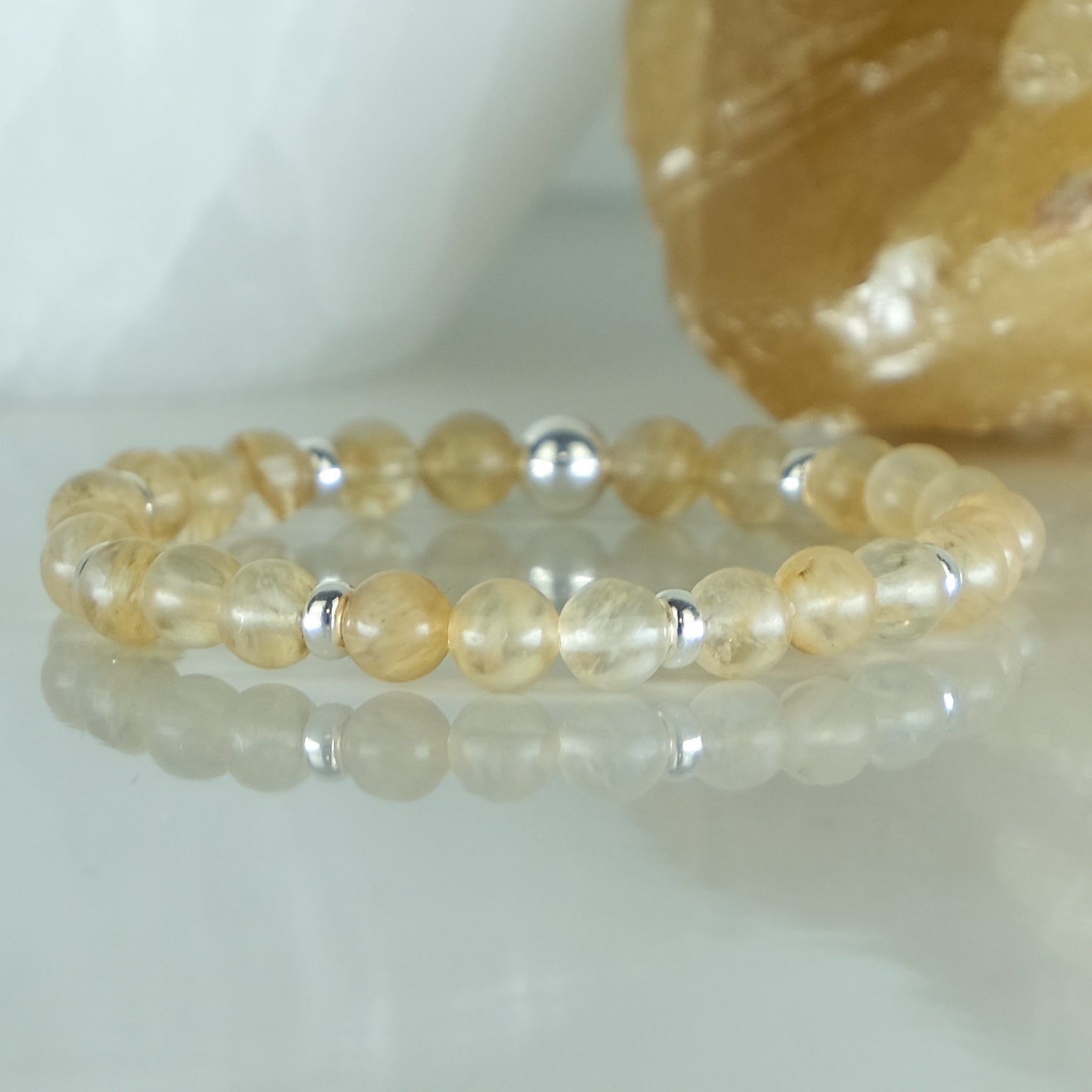 6mm golden quartz healer gemstone bracelet with silver accents