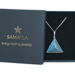 A Labradorite triangle pendant necklace with 925 silver chain in a jewellery box
