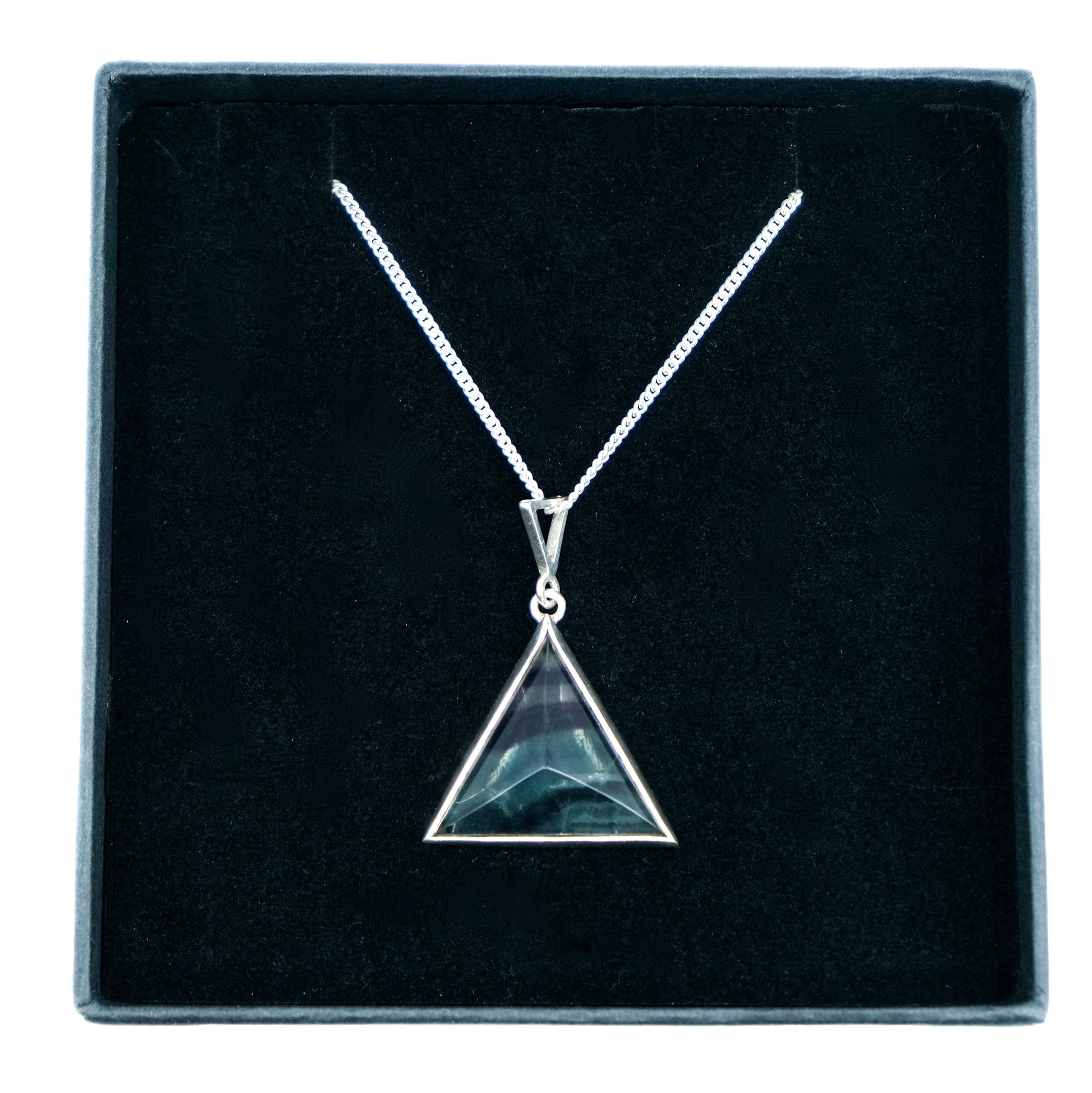 A Rainbow Fluorite triangle pendant necklace with 925 silver surround in a jewellery box