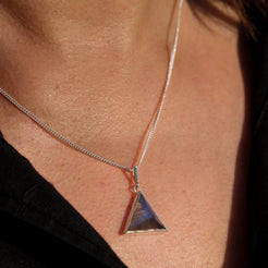 A model wearing a Labradorite triangle pendant necklace with 925 silver chain 