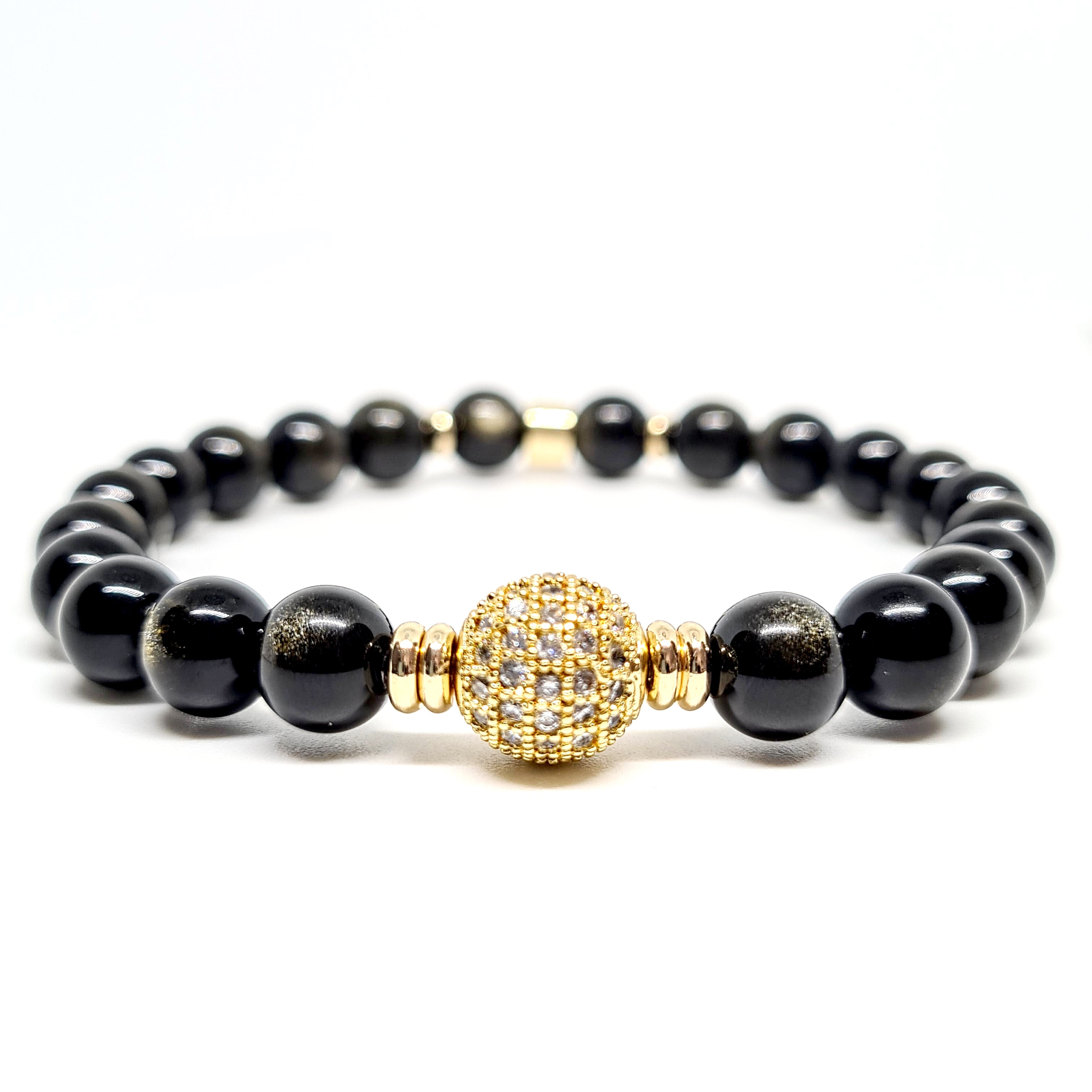 Golden Obsidian Gemstone Bracelet with a Gold Cubic Zirconia  and 18ct golf accessories
