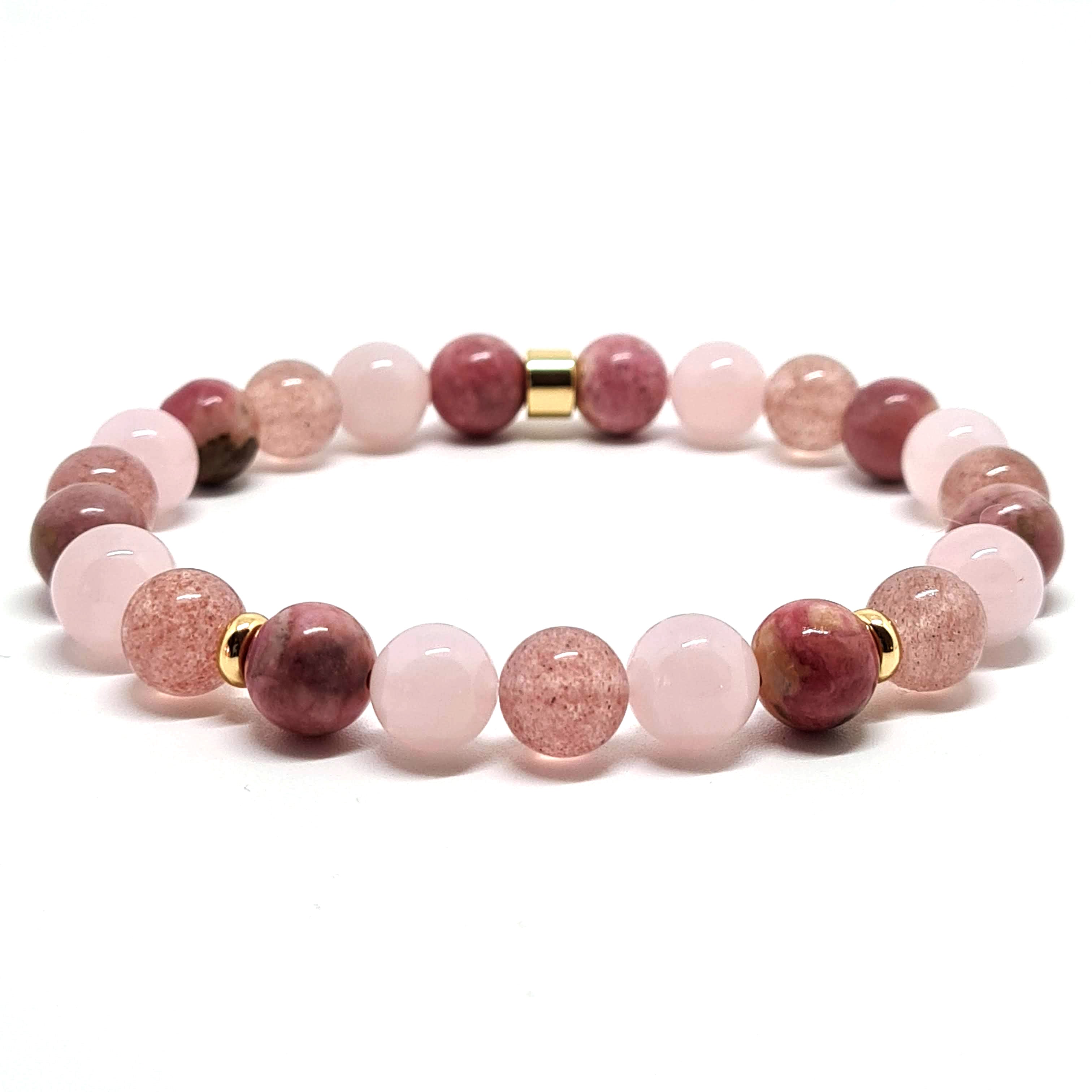 pink gemstone bracelet with gold clasp featuring rose quartz, strawberry quartz and rhodonite genuine 8mm gemstones 