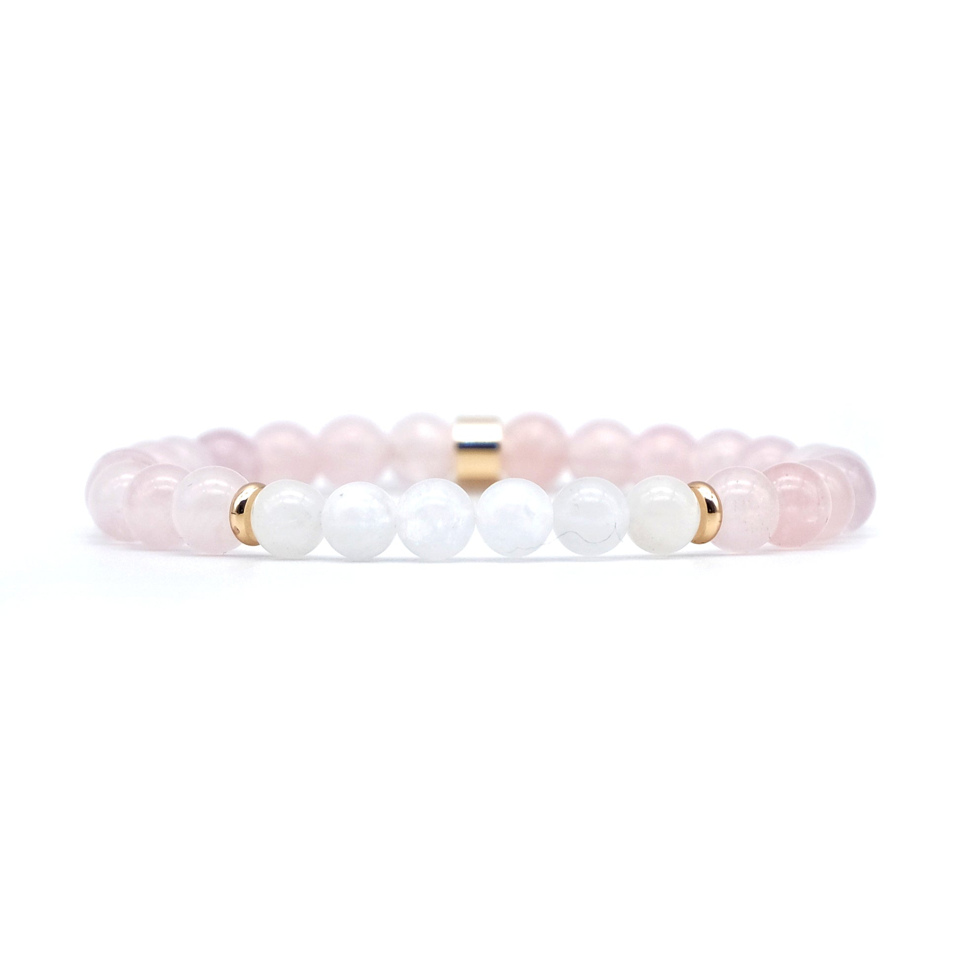 6mm Rose Quartz and Moonstone Bracelet with gold accessories