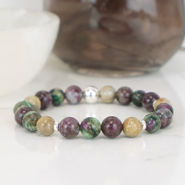tourmaline, silver leaf and green lepidolite gemstone bracelet with 925 sterling silver accessories