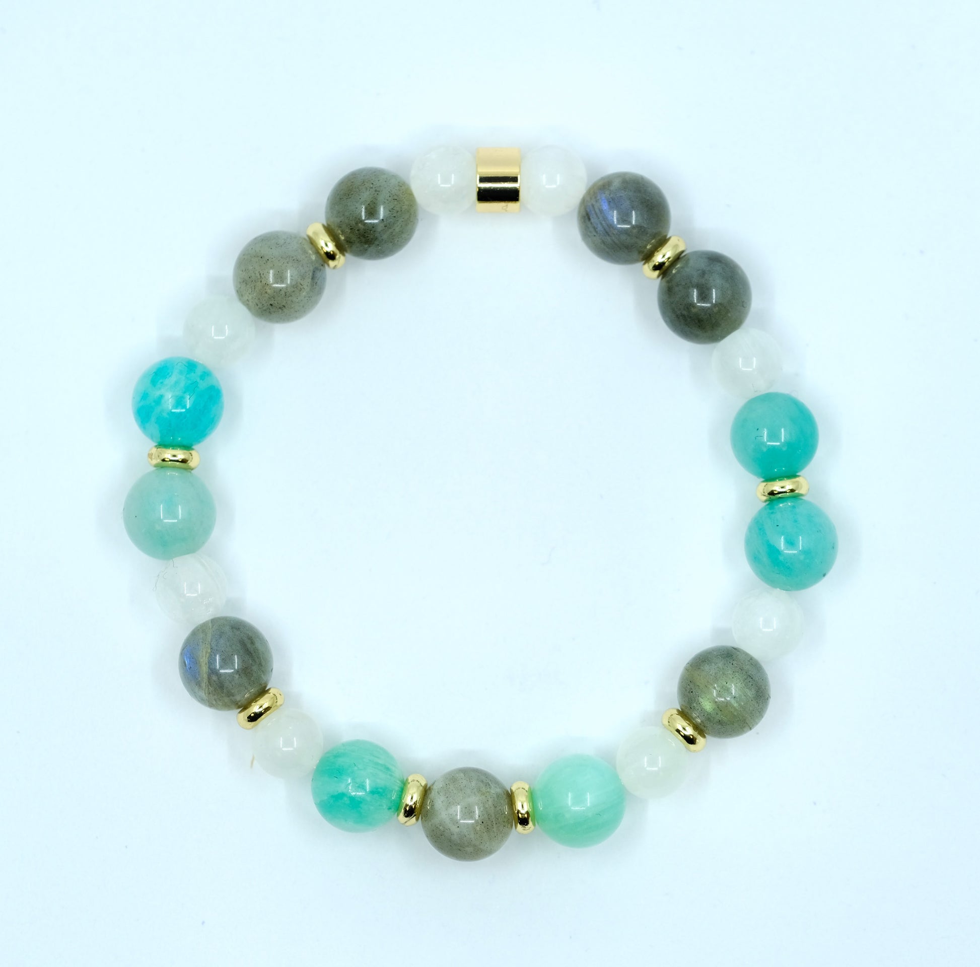 Moonstone, Labradorite and Amazonite bracelet with gold accents from above
