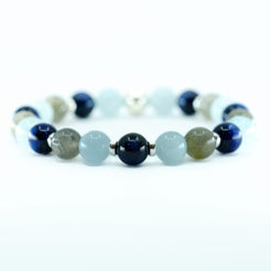 A Kyanite, Aquamarine and Labradorite gemstone bracelet with silver accessories 