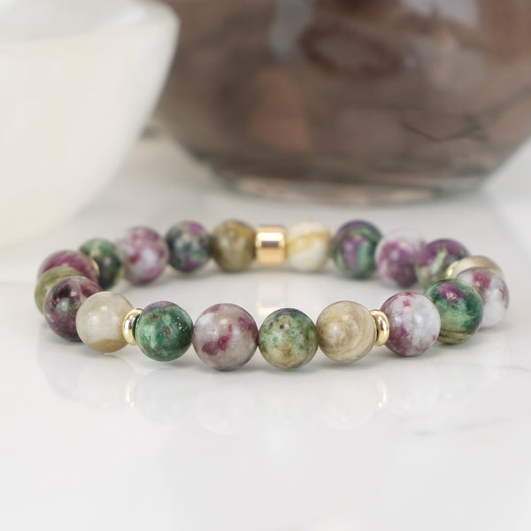 tourmaline, silver leaf and green lepidolite gemstone bracelet with gold filled accessories