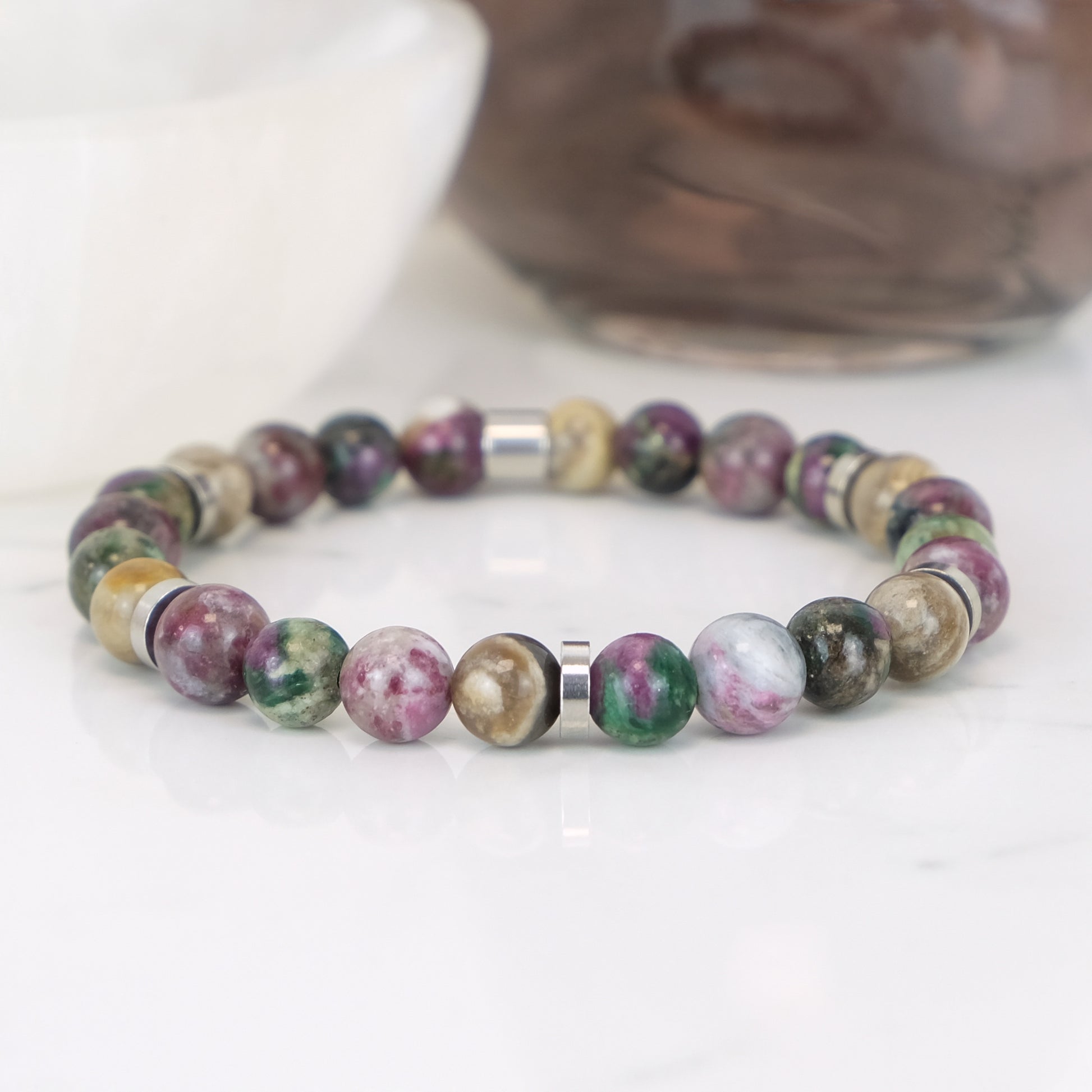tourmaline, silver leaf and green lepidolite gemstone bracelet with stainless steel accessories