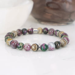 tourmaline, silver leaf and green lepidolite gemstone bracelet with stainless steel accessories