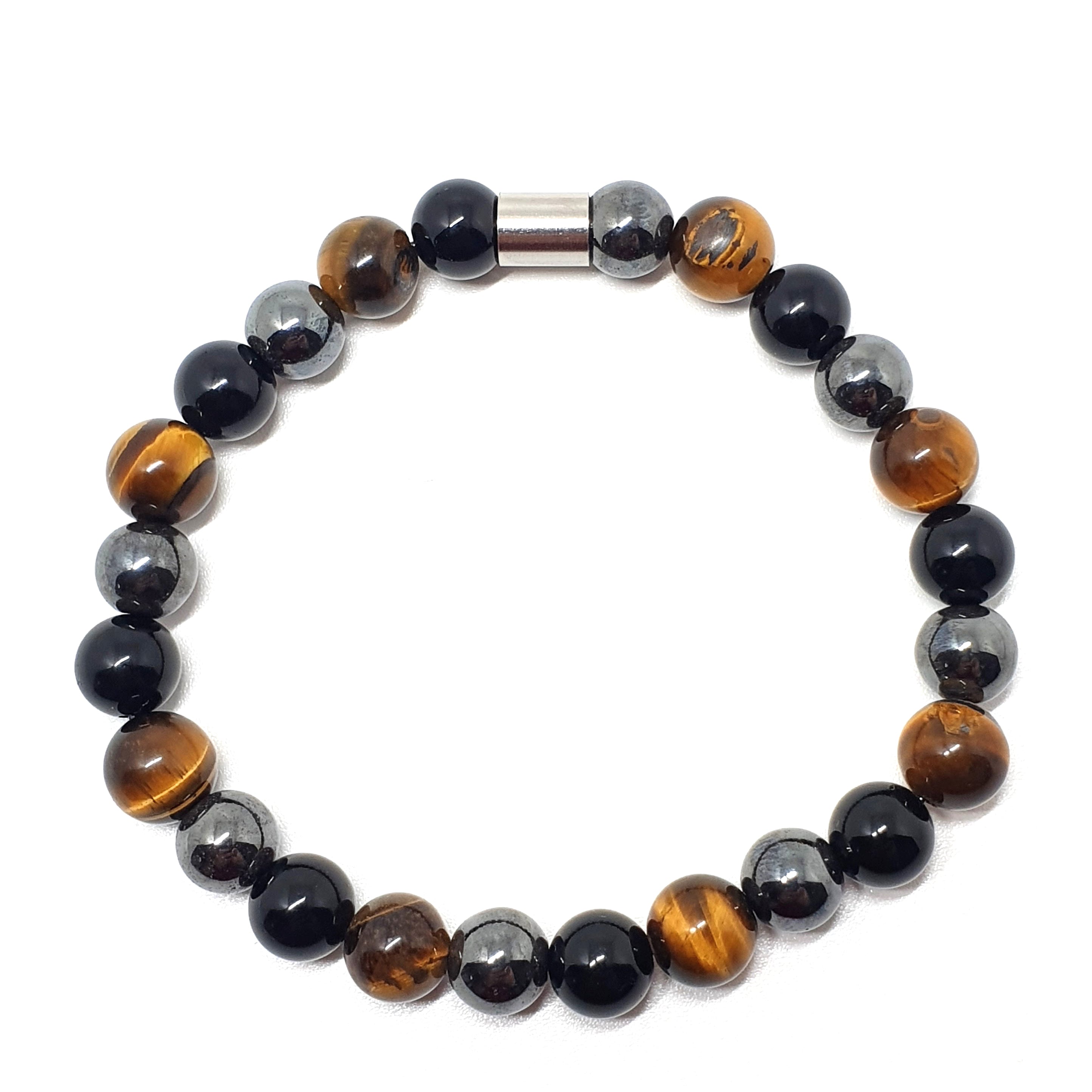 Hematite, Onyx and Tigers Eye with a stainless steel accessory from above