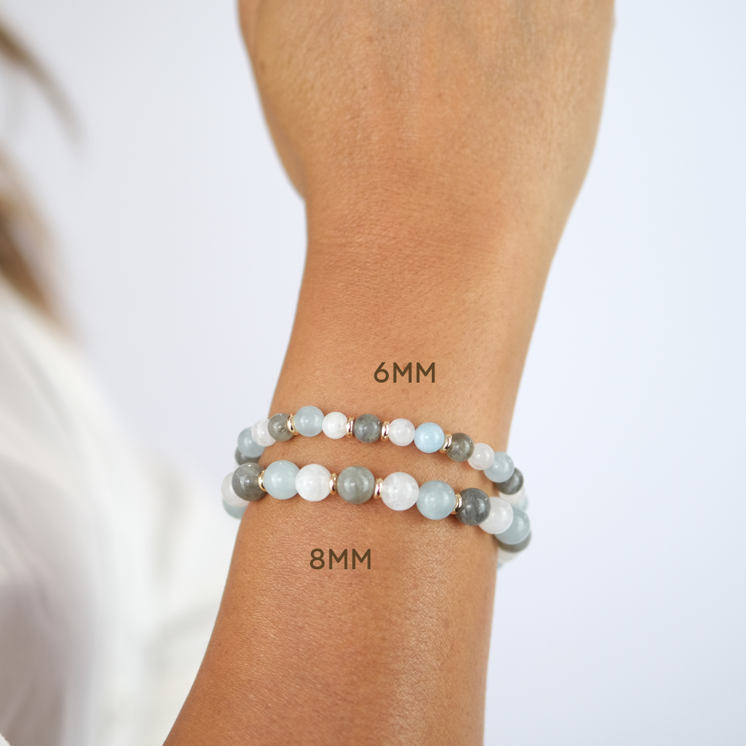 Samayla new beginnings energy gemstone bracelet worn on the wrist in both 6mm and 8mm beads