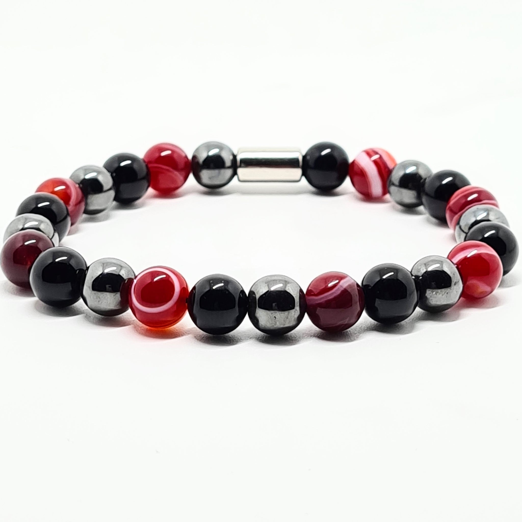 STRIPED RED AGATE, HEMATITE AND BLACK ONYX ENERGY GEMSTONE BRACELET