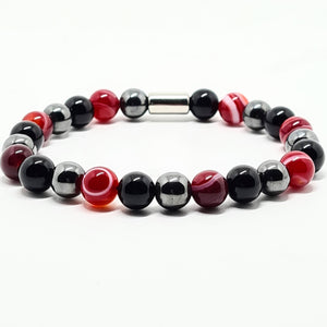 STRIPED RED AGATE, HEMATITE AND BLACK ONYX ENERGY GEMSTONE BRACELET