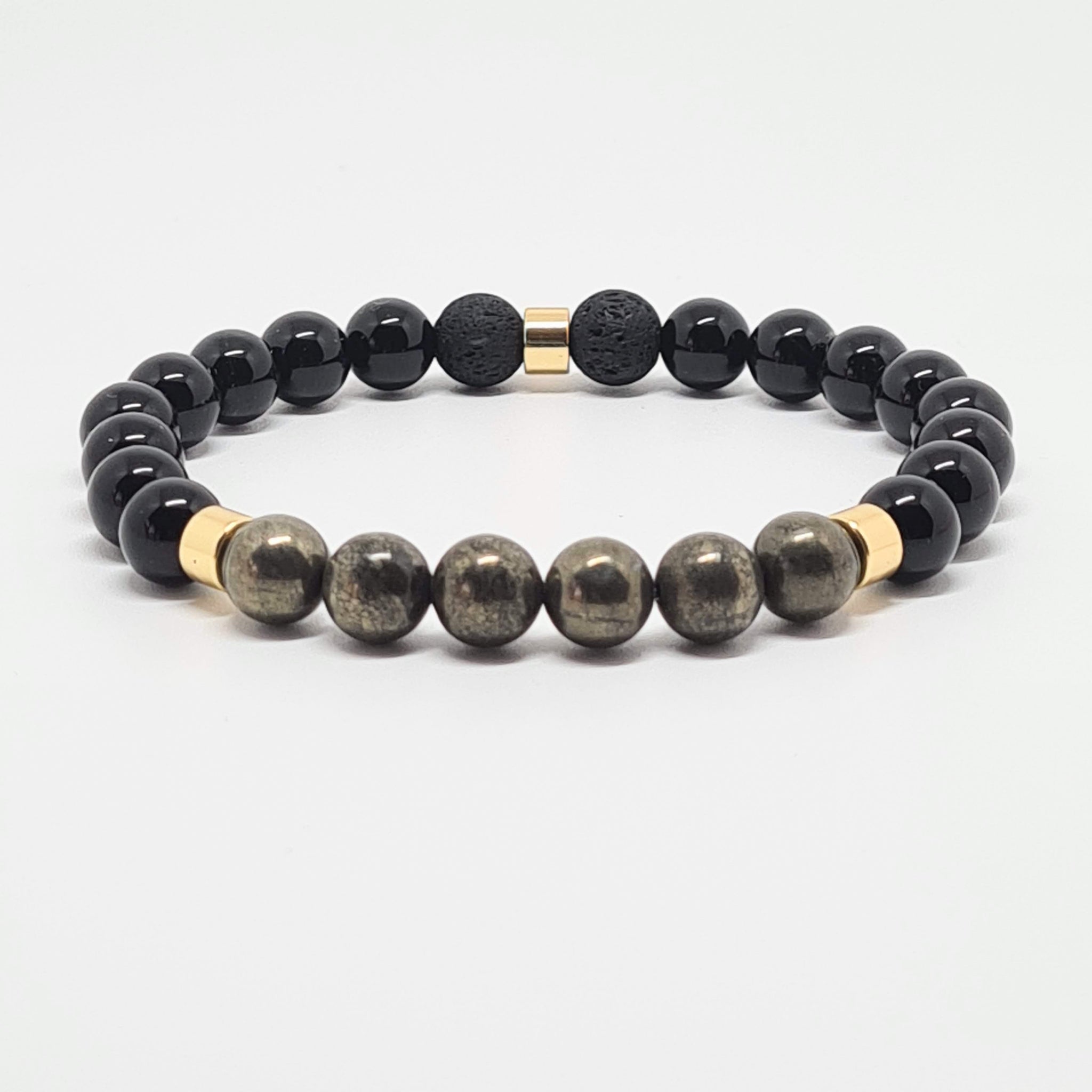 ONYX, PYRITE AND LAVA STONE ENERGY GEMSTONE BRACELET
