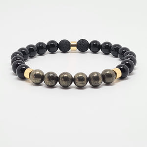 ONYX, PYRITE AND LAVA STONE ENERGY GEMSTONE BRACELET
