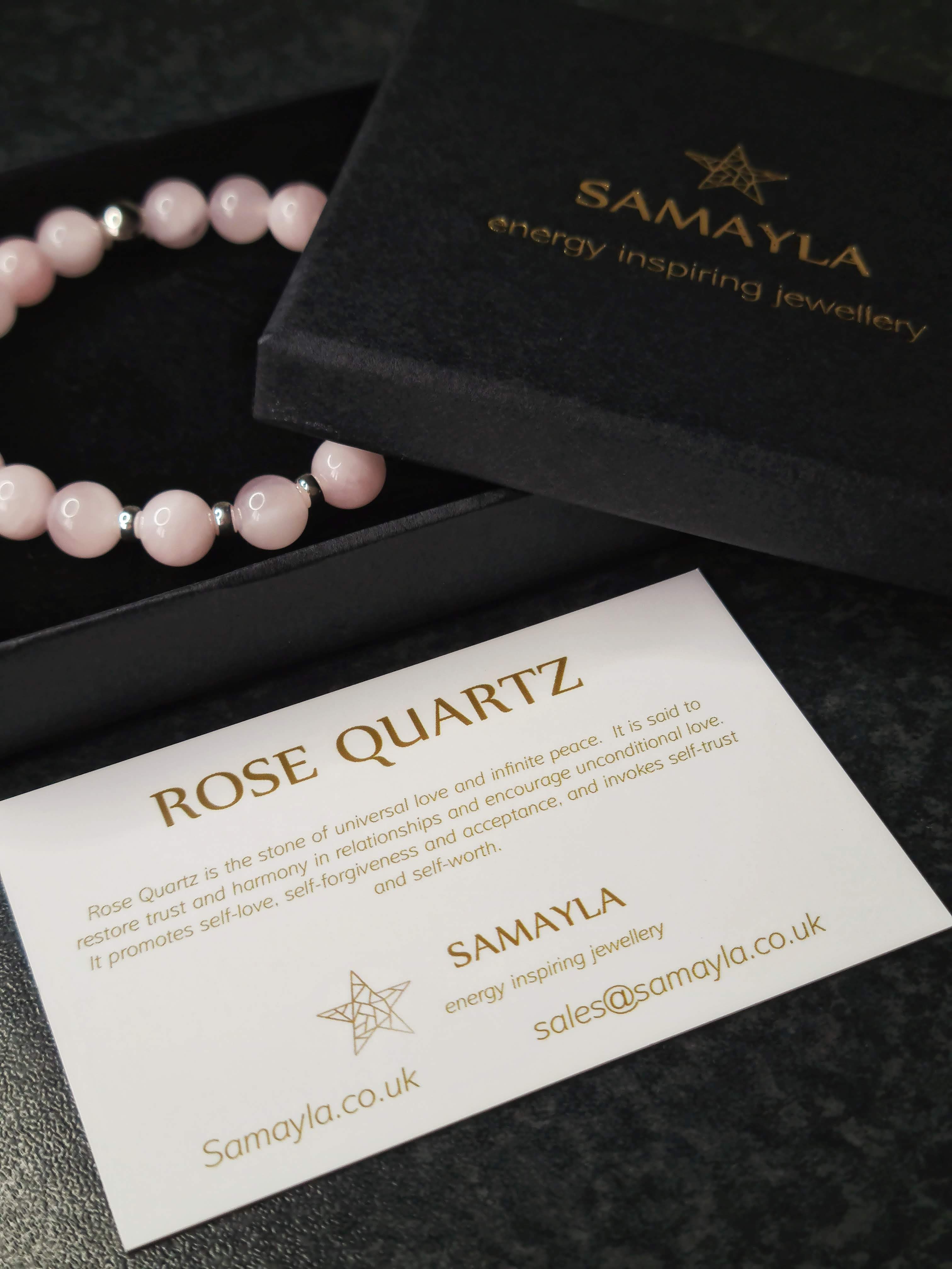 A rose quartz bracelet in a Samayla Jewellery gift box