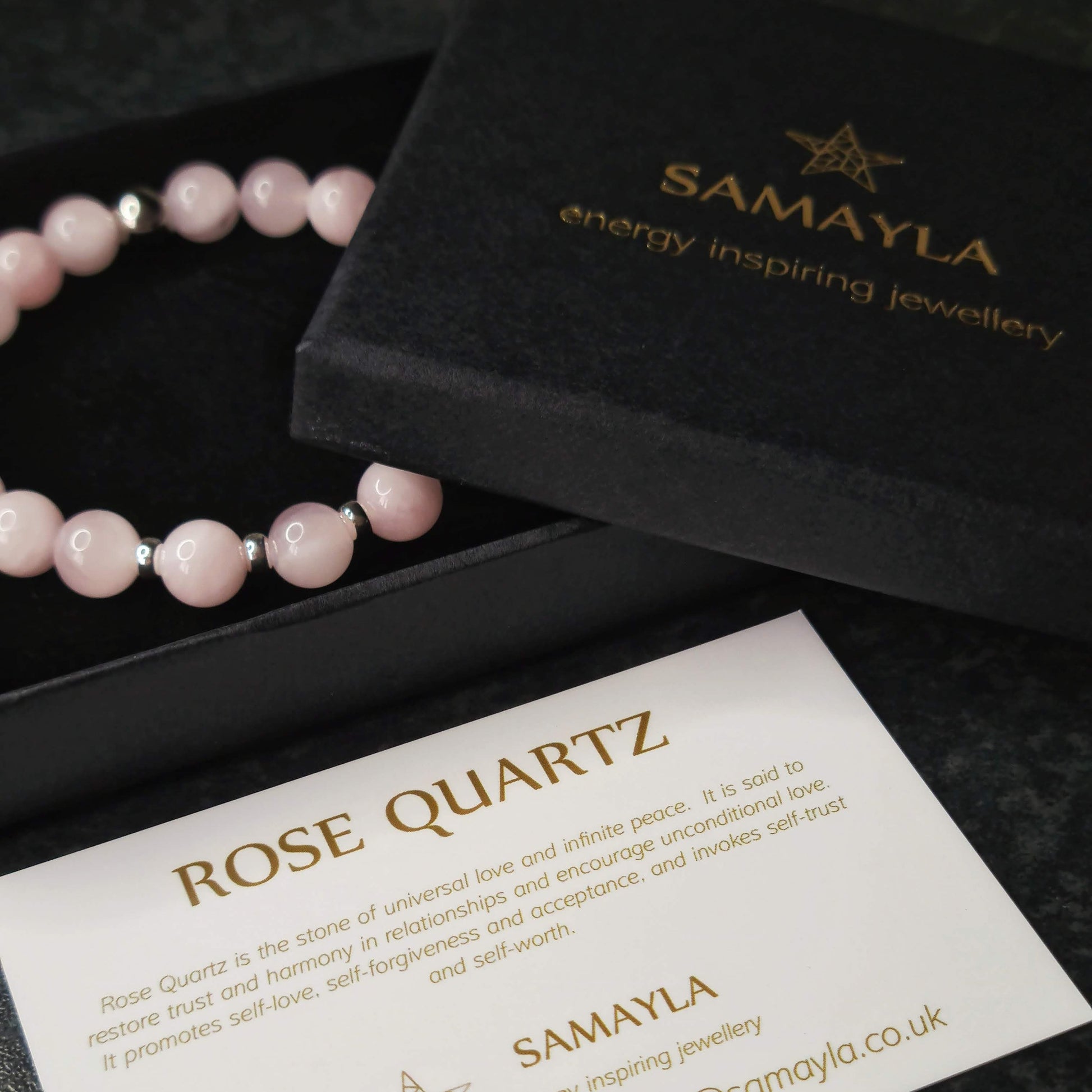 A rose quartz bracelet in a Samayla Jewellery gift box