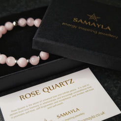 A rose quartz bracelet in a Samayla Jewellery gift box