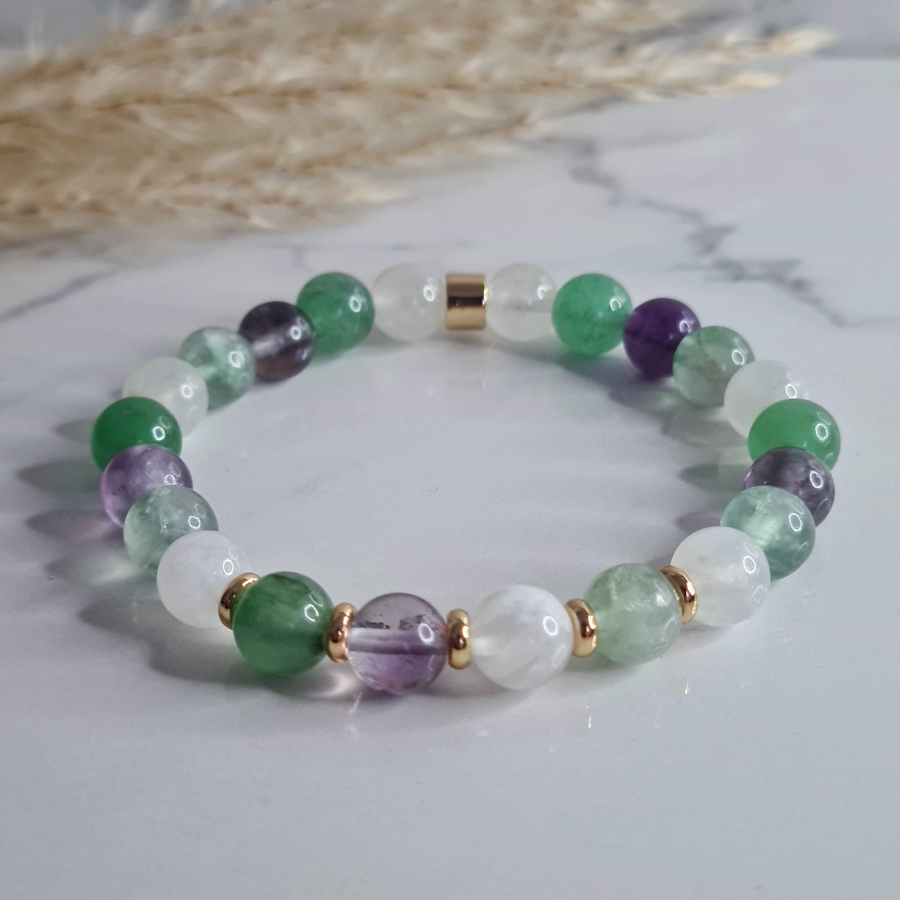 Amethyst, Aventurine and Moonstone 8mm gemstone bracelet with 18ct gold plated accessories