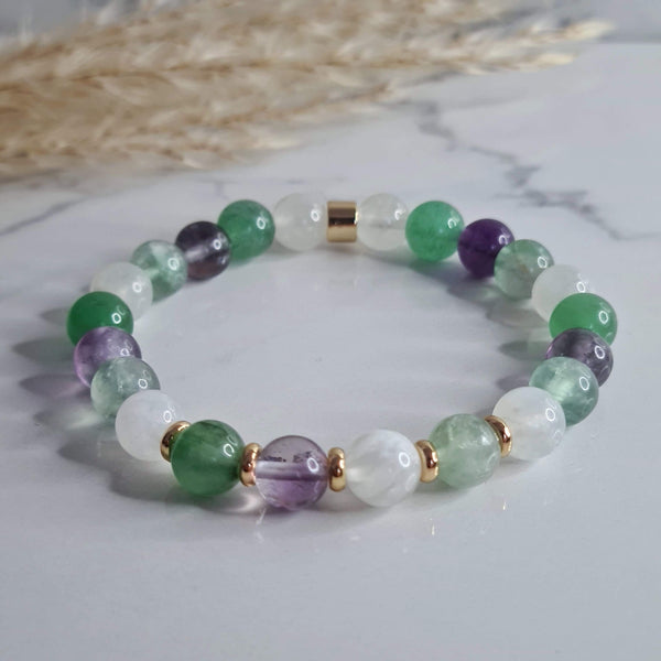 AVENTURINE, MOONSTONE AND RAINBOW FLUORITE ENERGY GEMSTONE BRACELET