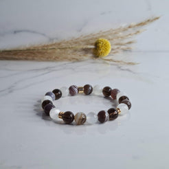 Botswana Agate, Smoky quartz and Moonstone gemstone bracelet with gold accessories