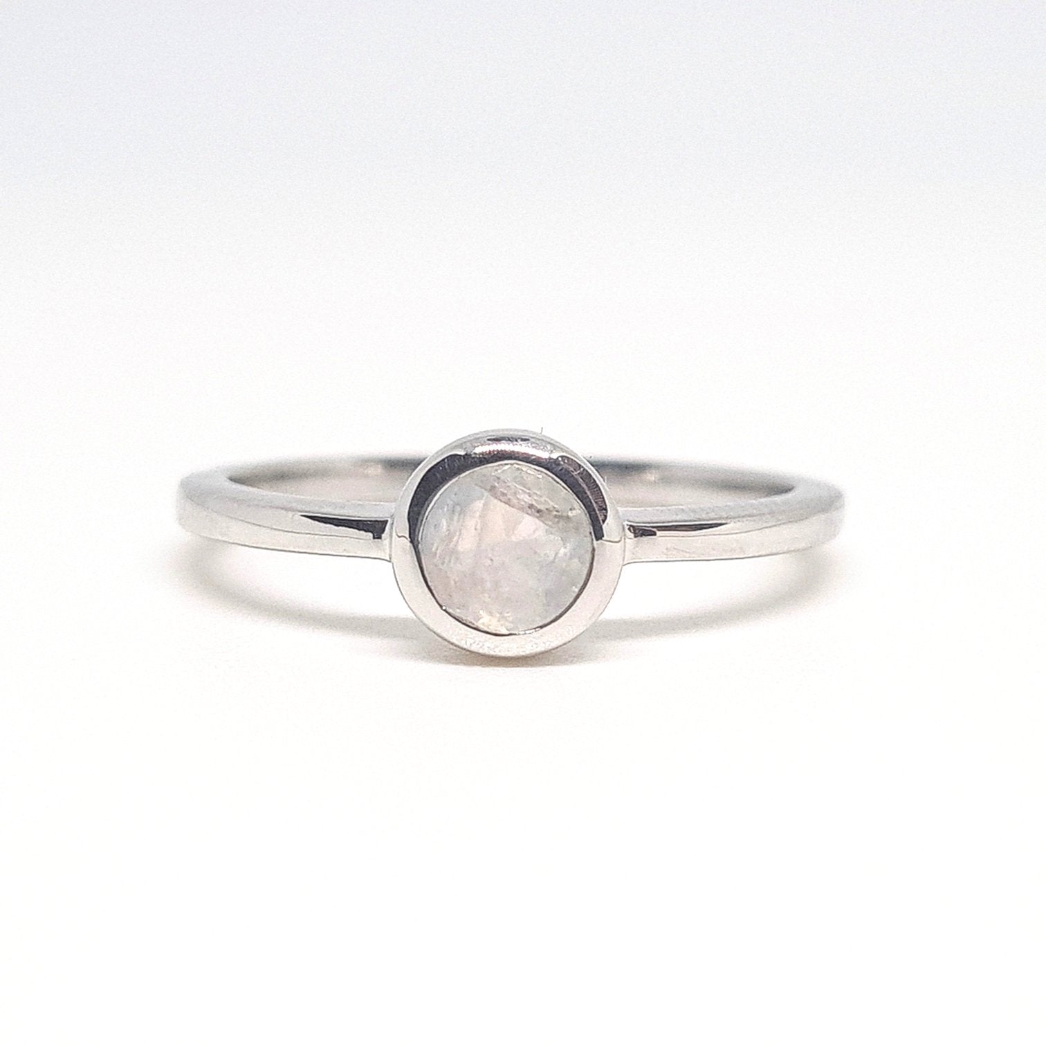 Rainbow moonstone minimal circle gemstone ring in silver