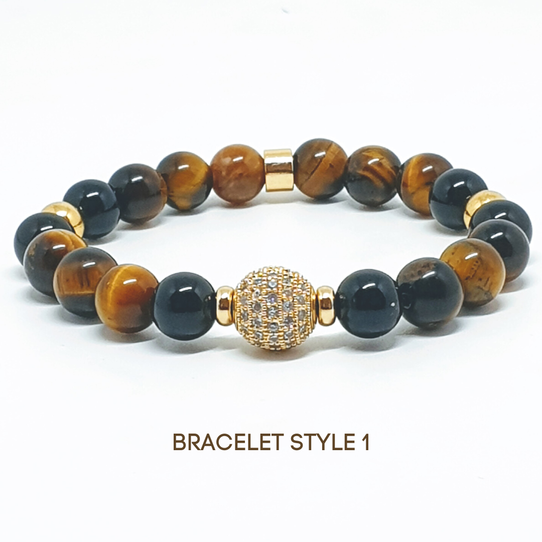Tiger Eye and Onyx Couples energy bracelet set in bracelet style 1 with cubic zirconia feature bead