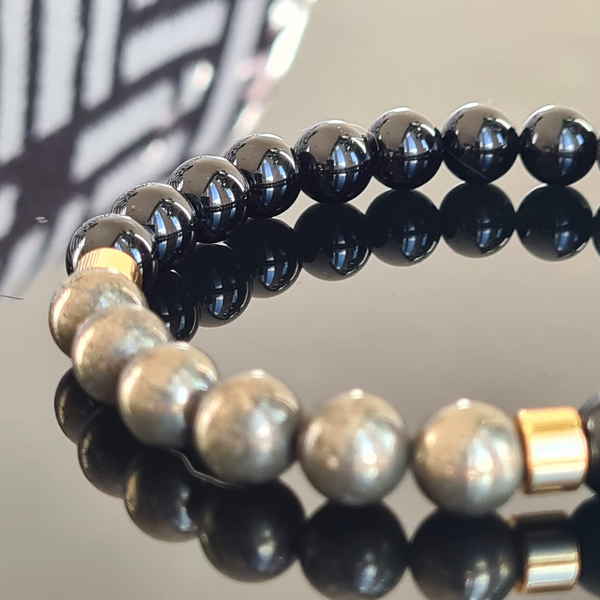 ONYX, PYRITE AND LAVA STONE ENERGY GEMSTONE BRACELET